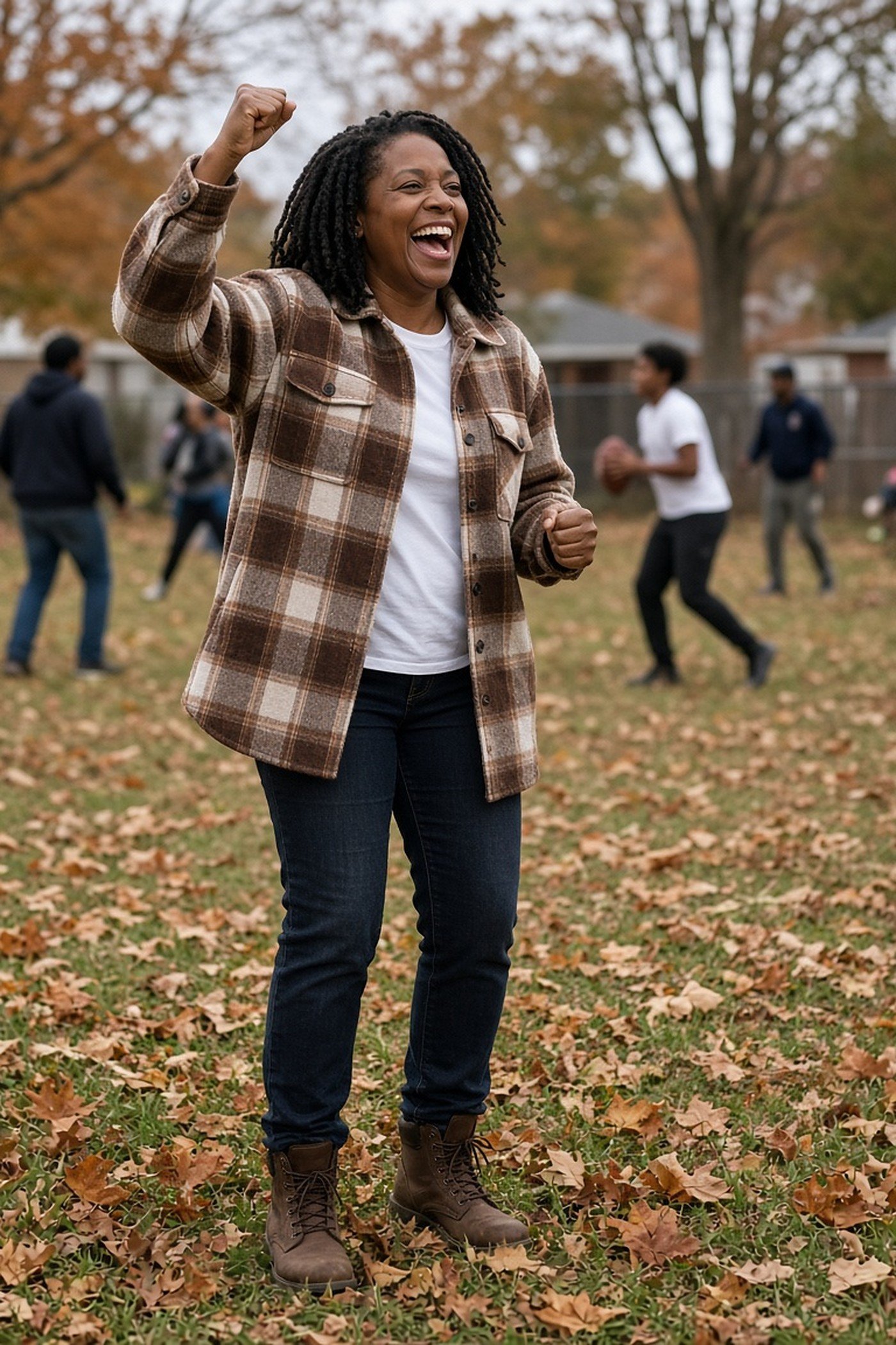 Woman over 40 in plaid shacket and jeans at a football game