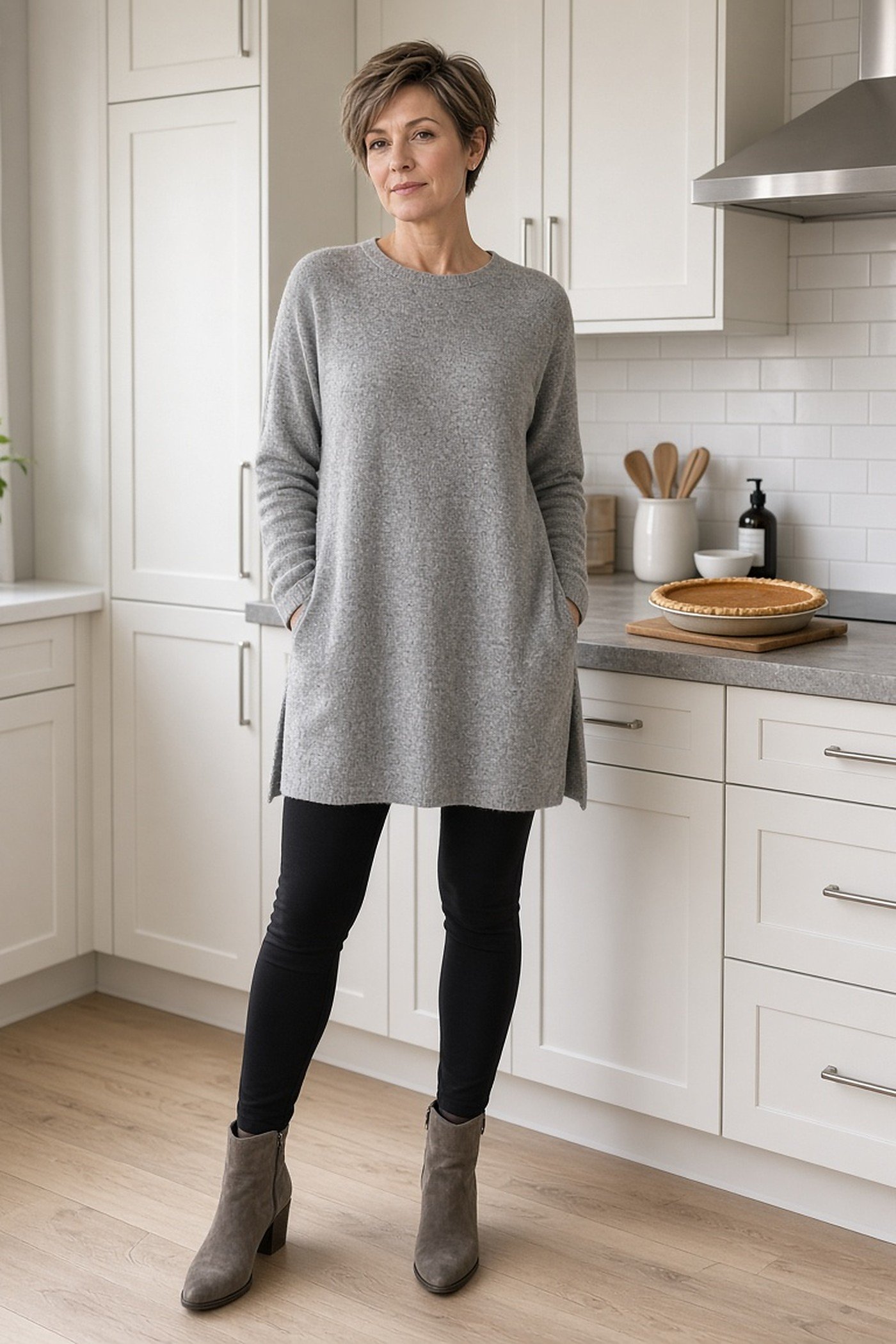 Woman over 40 in gray tunic sweater and leggings