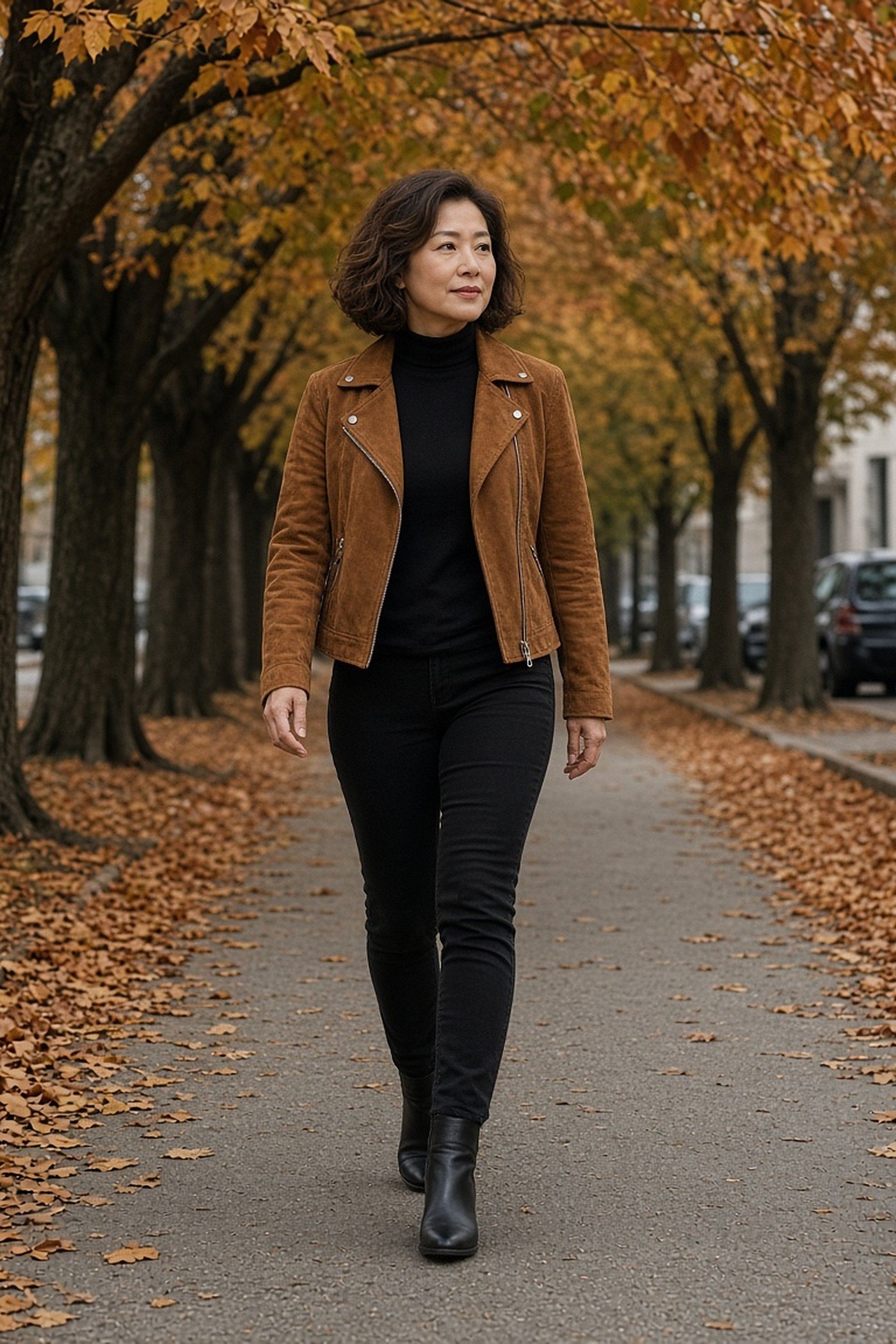 Woman over 40 in cognac faux suede jacket and black jeans