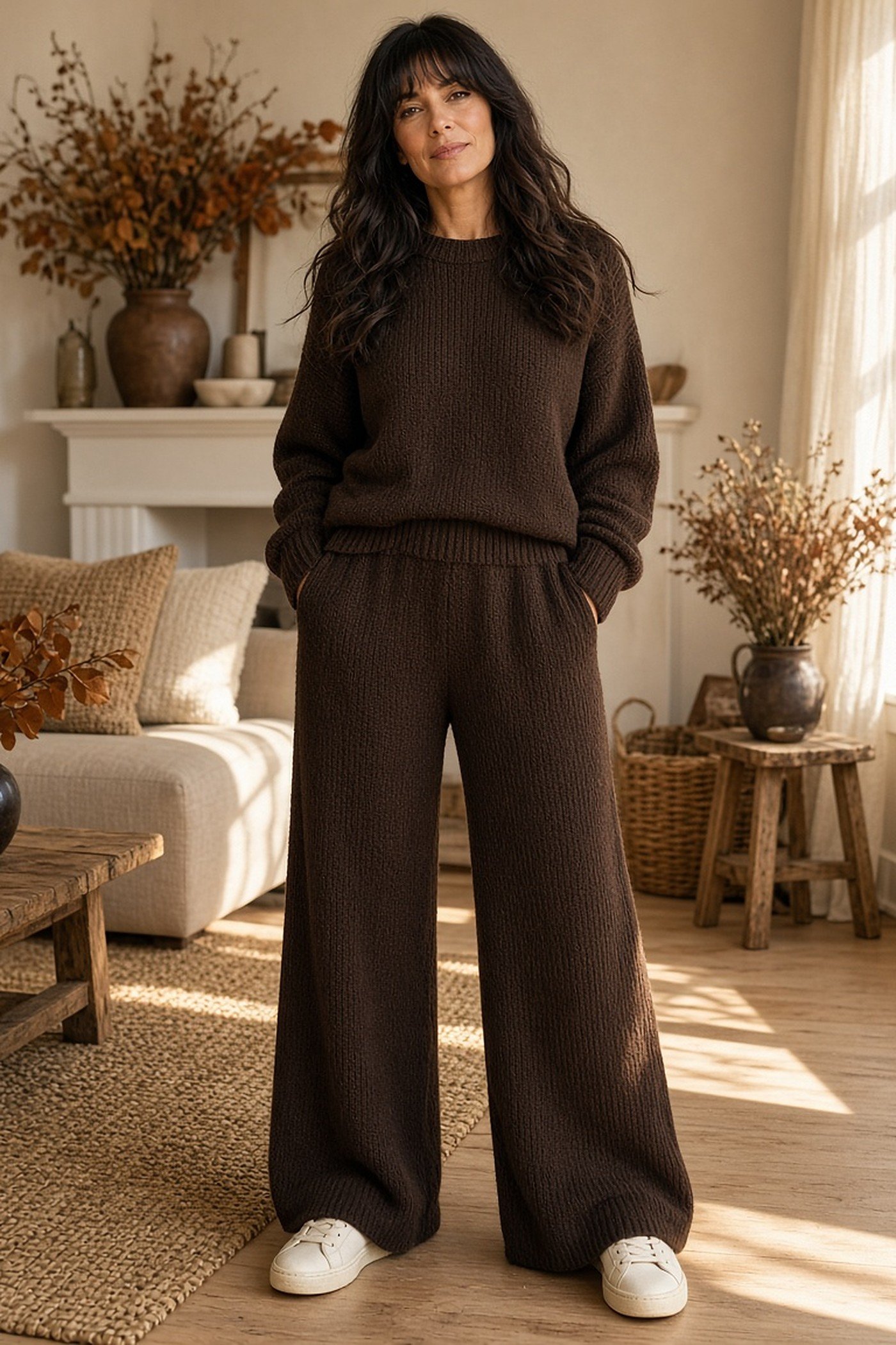 Woman over 40 in chocolate brown knit set
