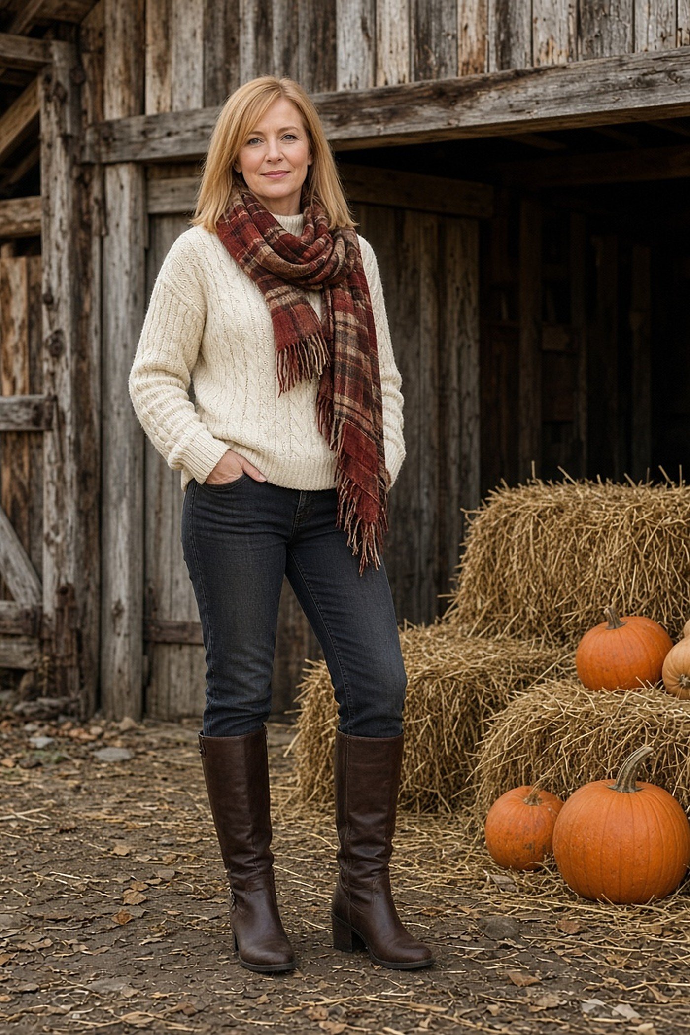 Woman over 40 in cream cable knit and plaid scarf