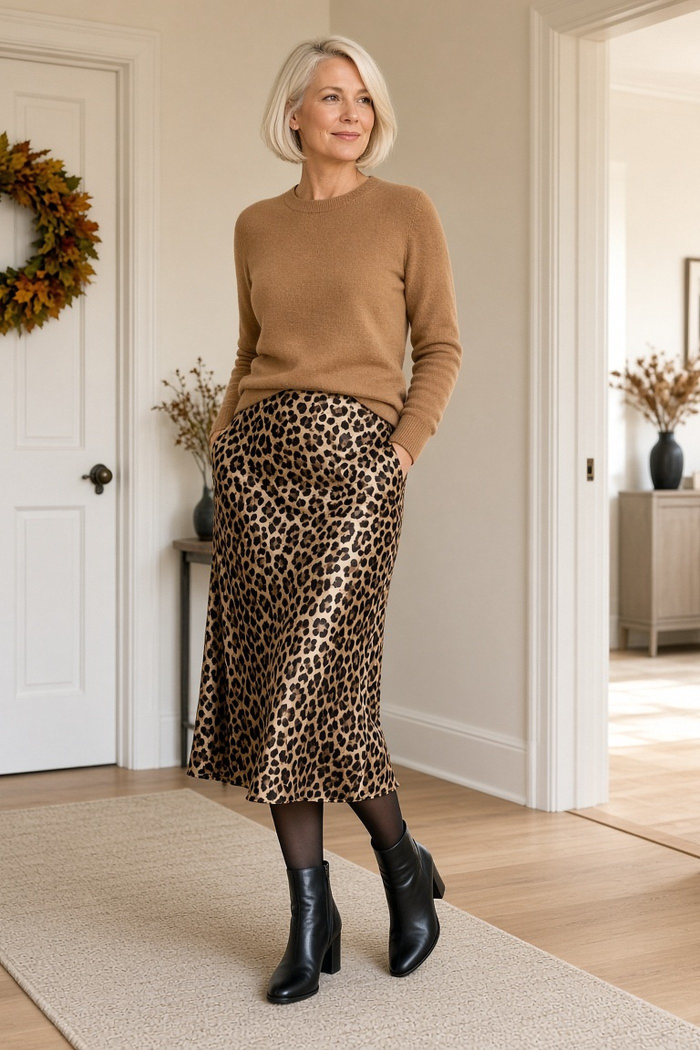 Woman over 40 in leopard satin midi skirt and camel sweater