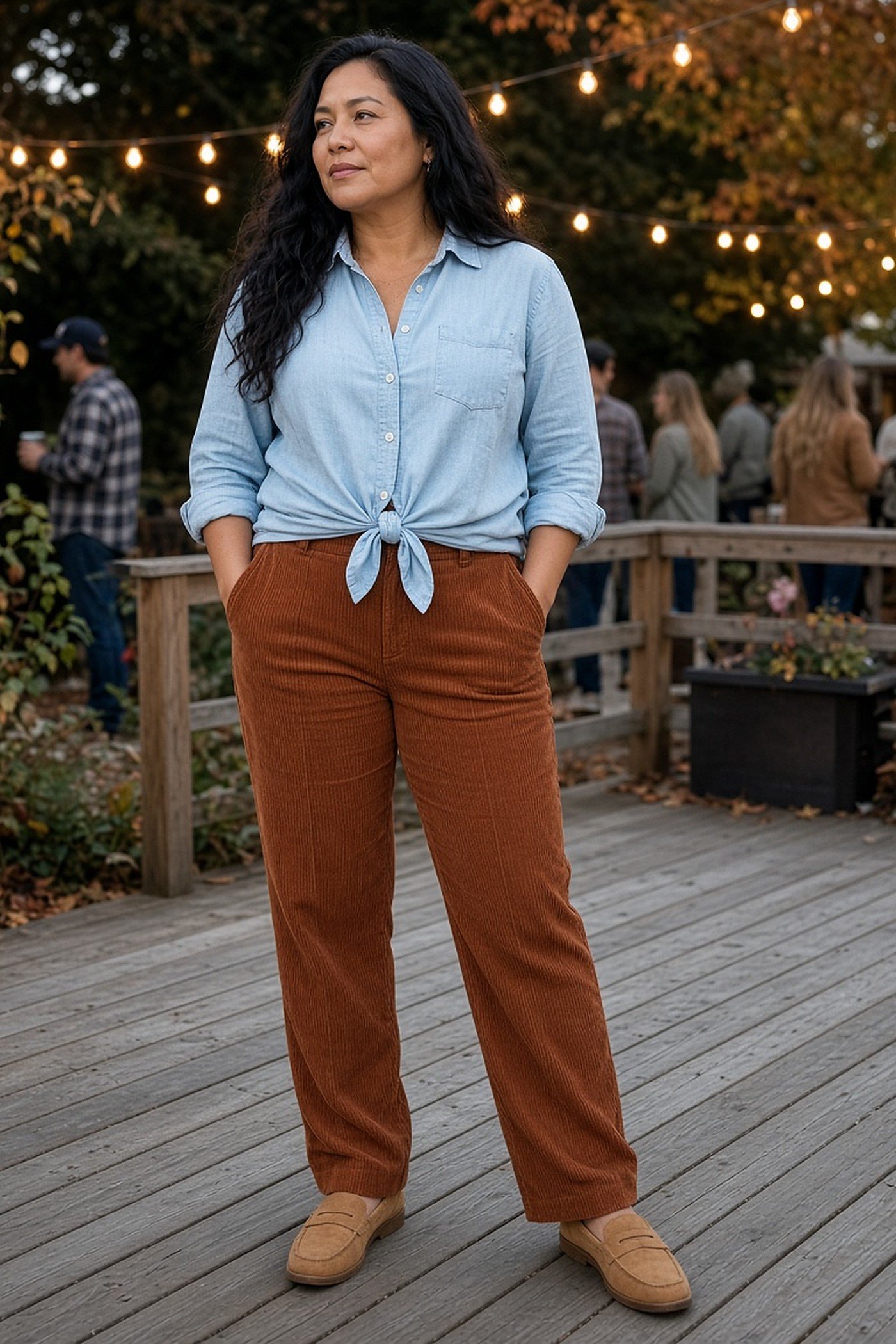 Woman over 40 in chambray shirt and rust corduroy trousers