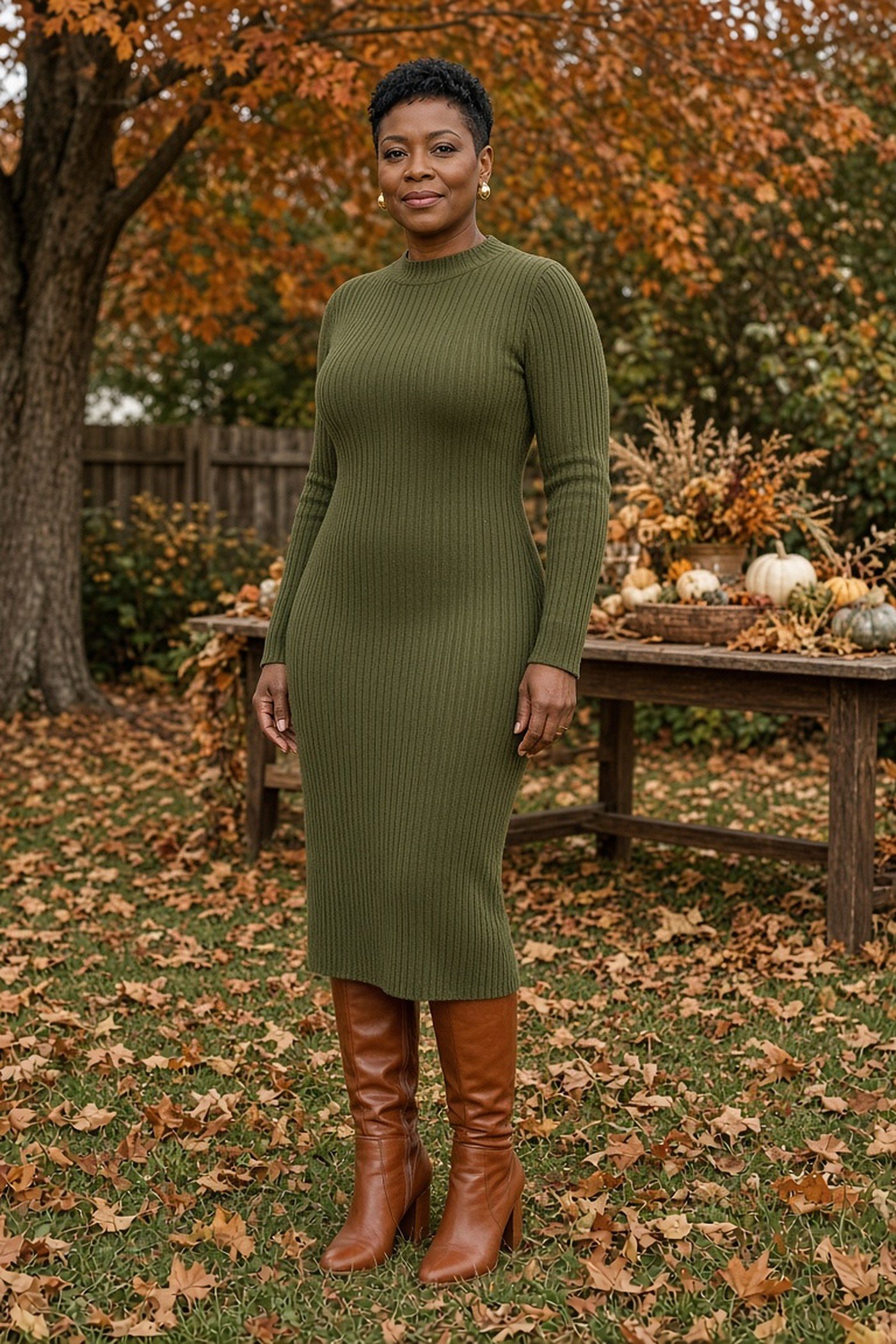 Woman over 40 in olive knit midi dress with cognac boots