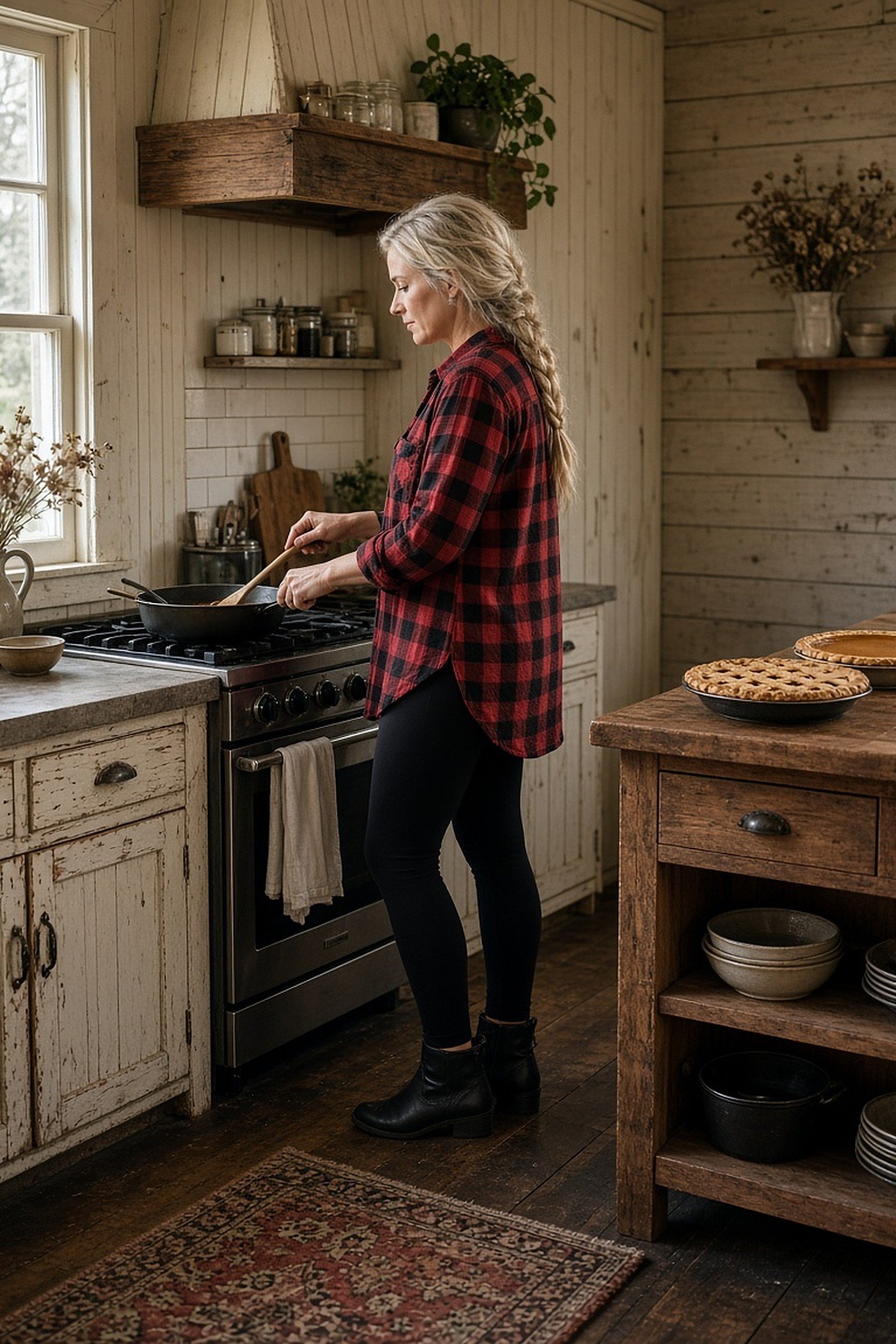 Woman over 40 in plaid flannel shirt and black leggings cooking