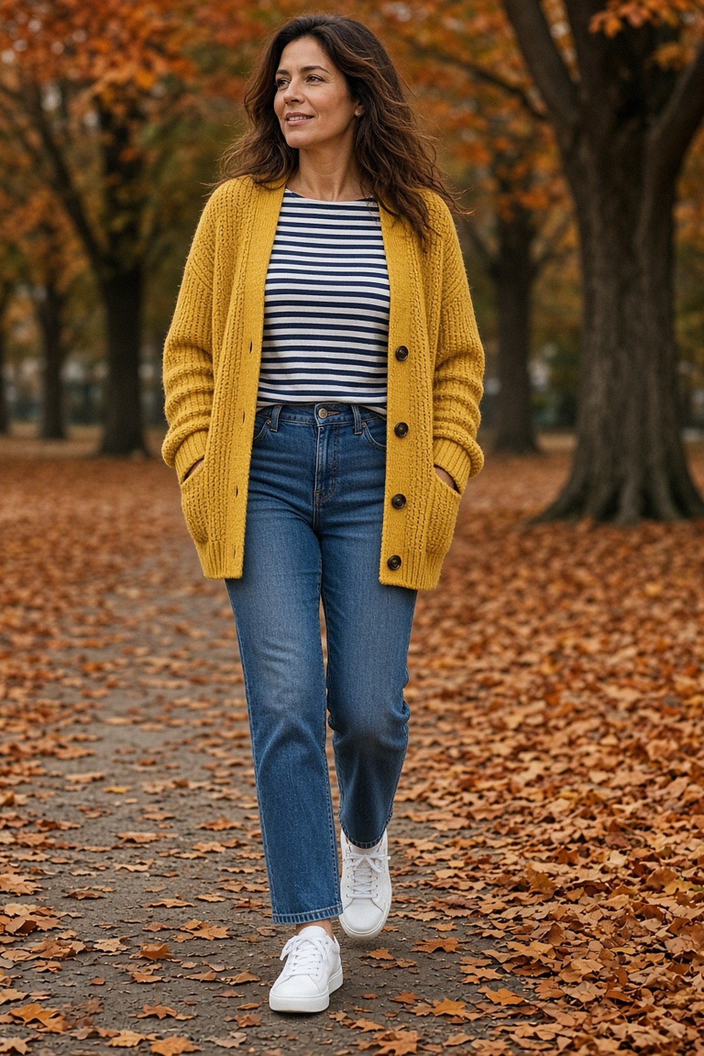 Woman over 40 in mustard cardigan and striped tee
