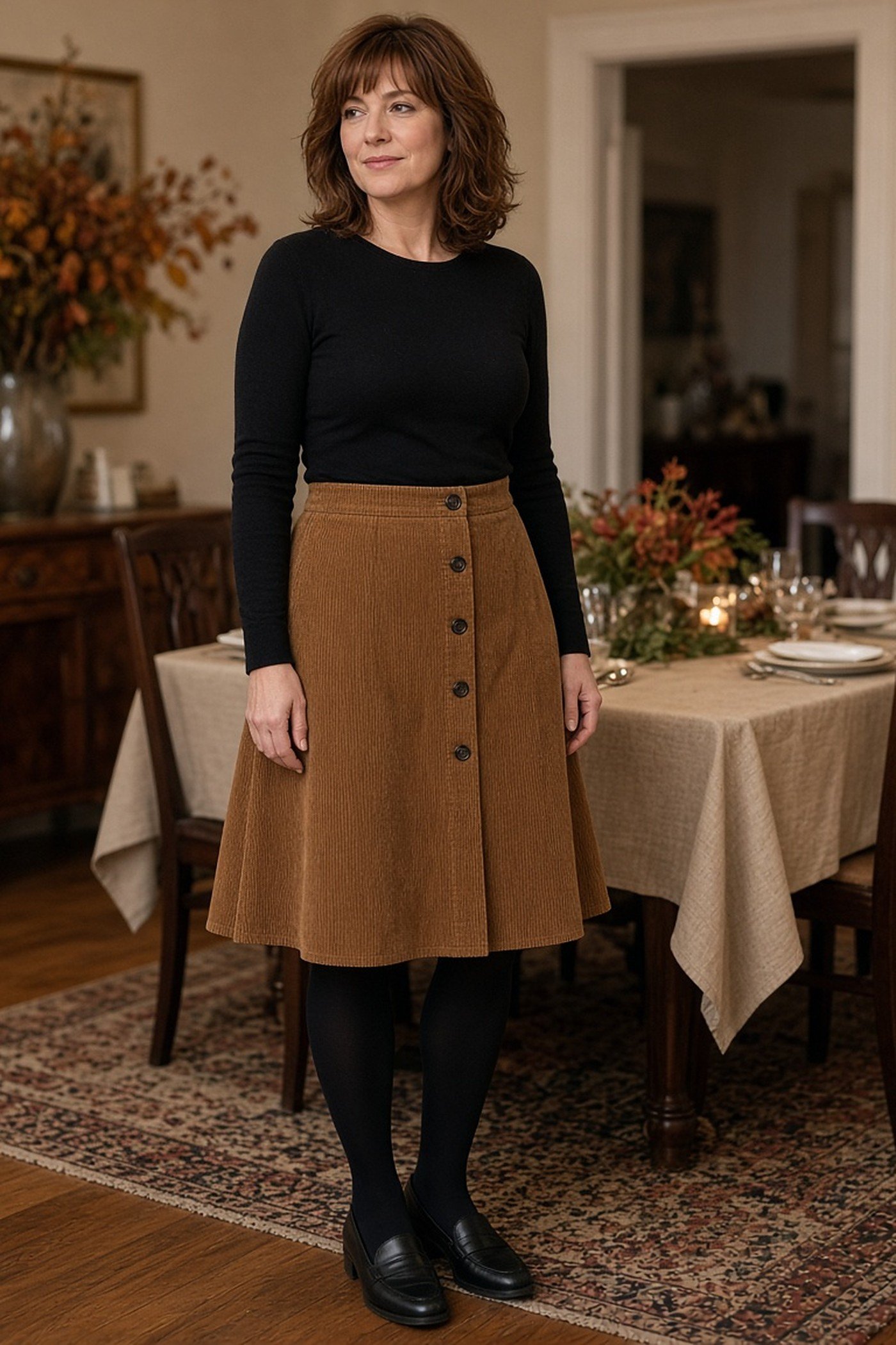 Woman over 40 in camel corduroy skirt and black tights