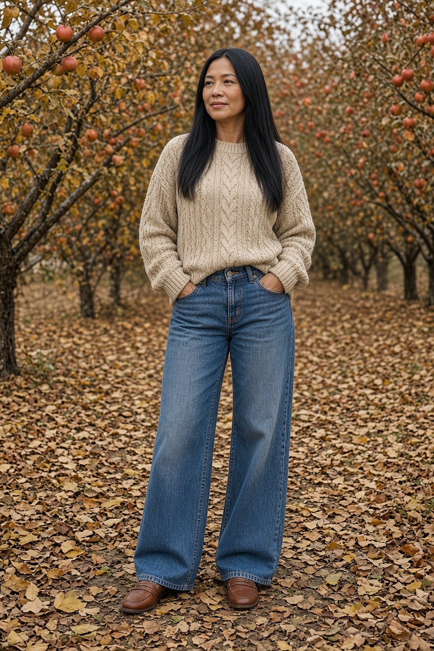 Woman over 40 in wide-leg jeans and chunky cable knit