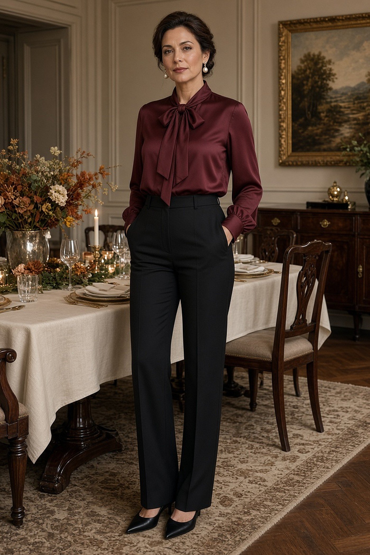 Woman over 40 in burgundy bow blouse and black trousers