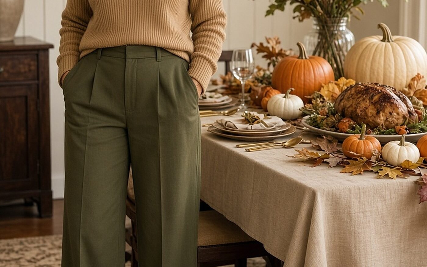 Woman over 40 in camel turtleneck and olive trousers by a Thanksgiving table