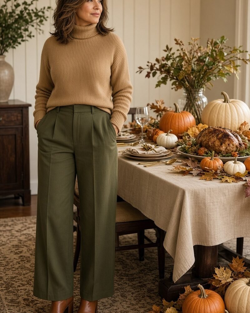 Woman over 40 in camel turtleneck and olive trousers by a Thanksgiving table