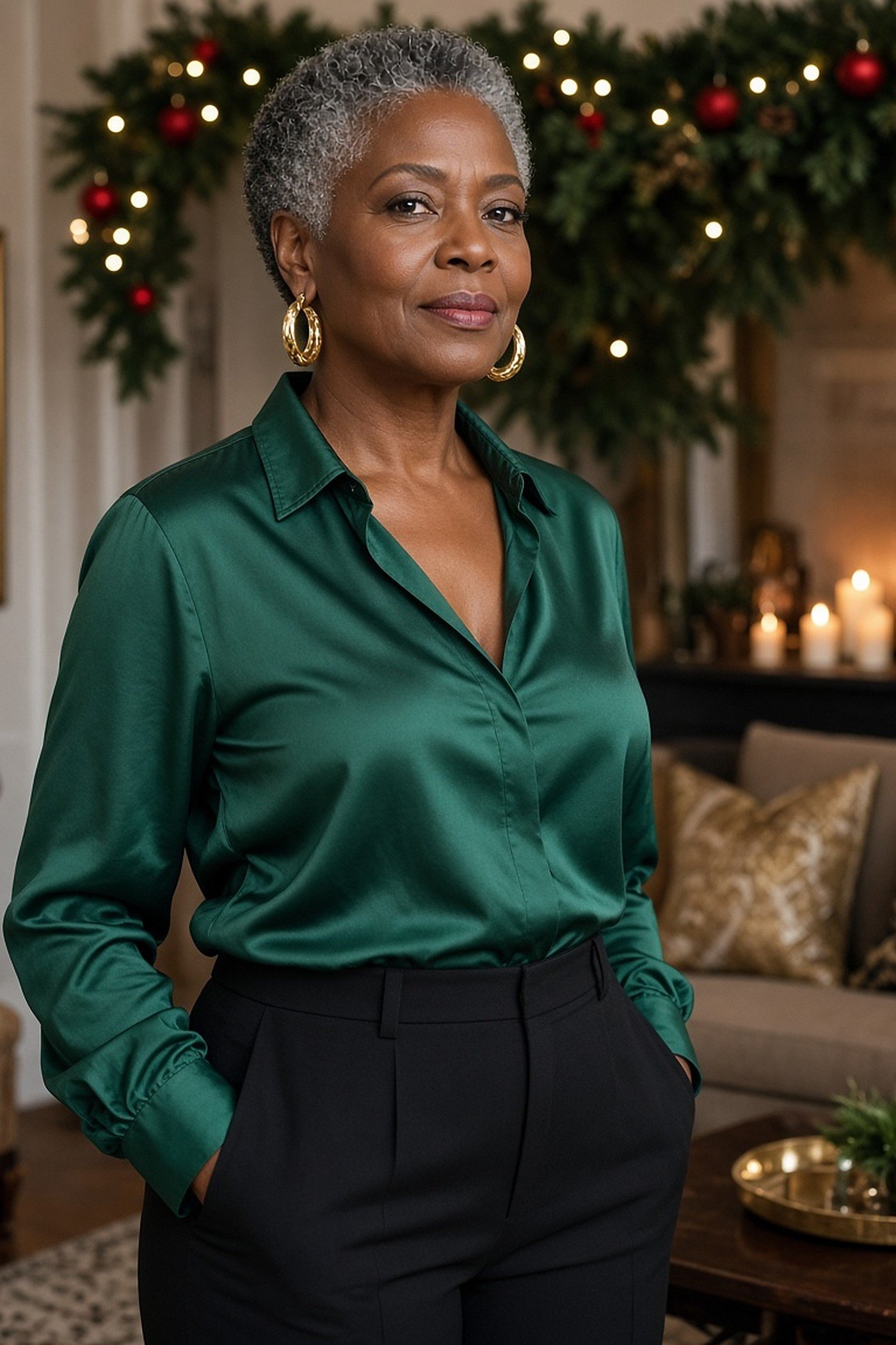 Woman over 50 wearing bold gold hoop earrings with an emerald silk blouse