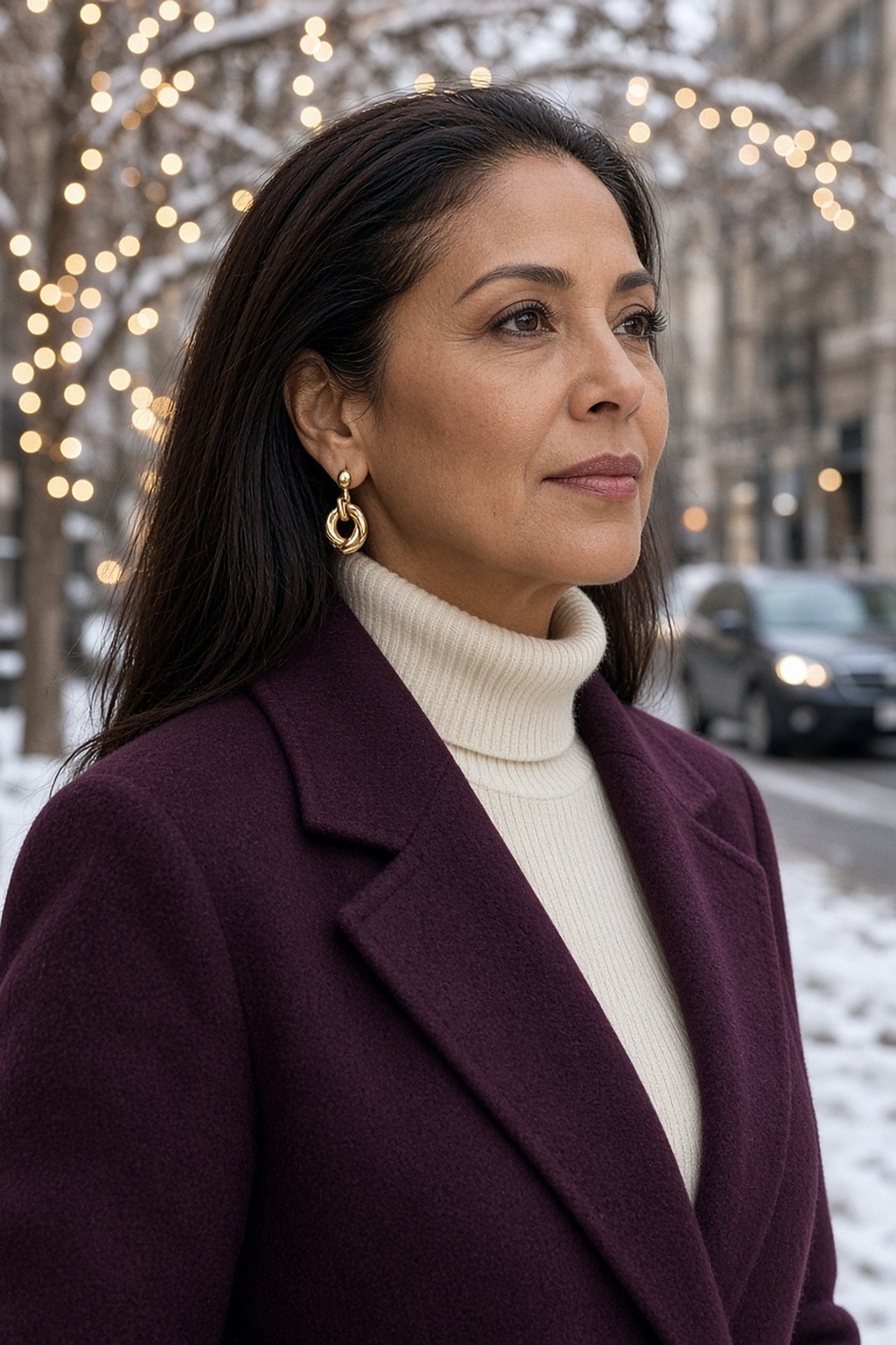 Woman over 50 wearing gold knot earrings with a plum coat in the snow