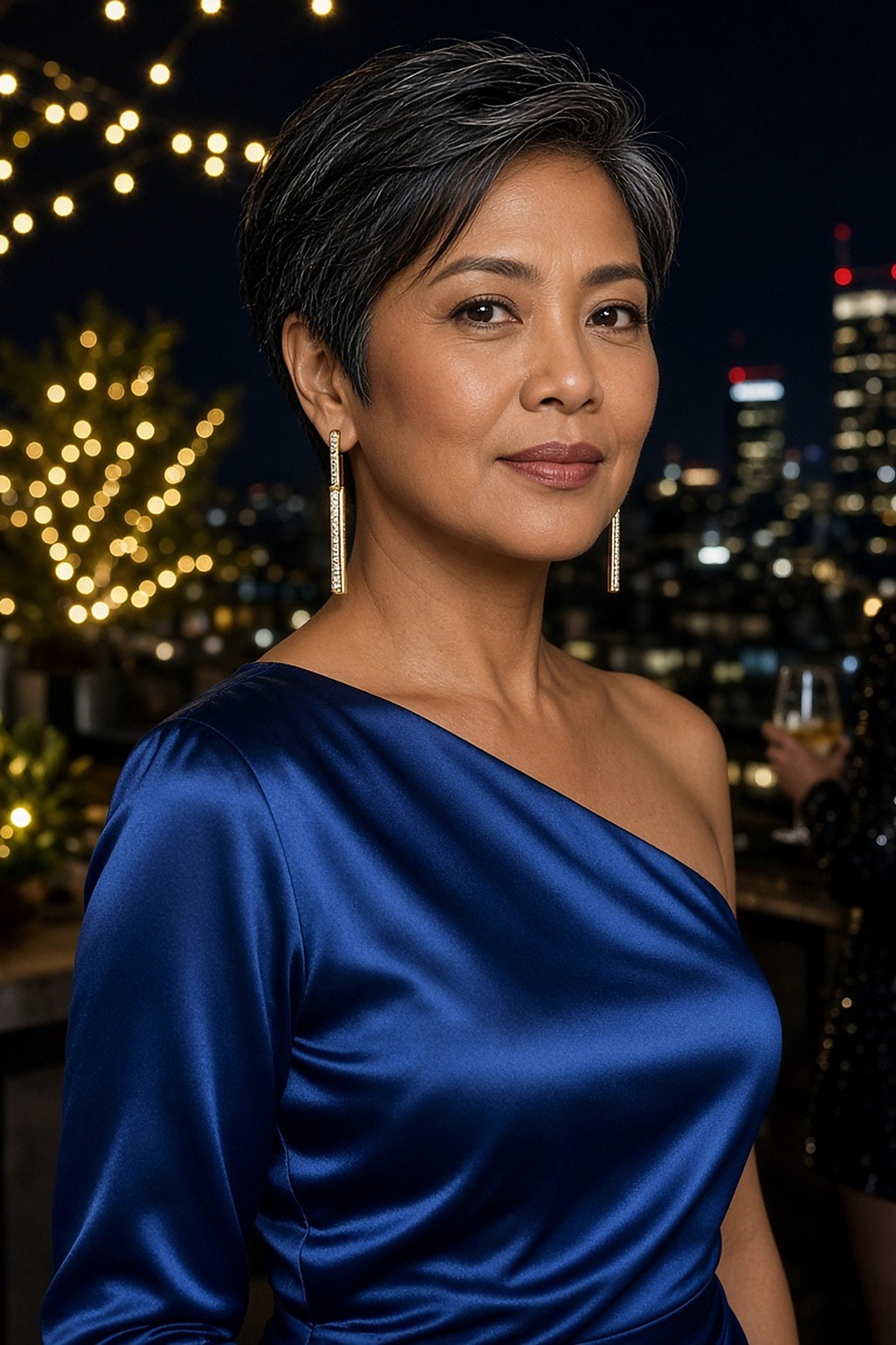 Woman over 50 wearing long linear gold drop earrings with a cobalt satin top