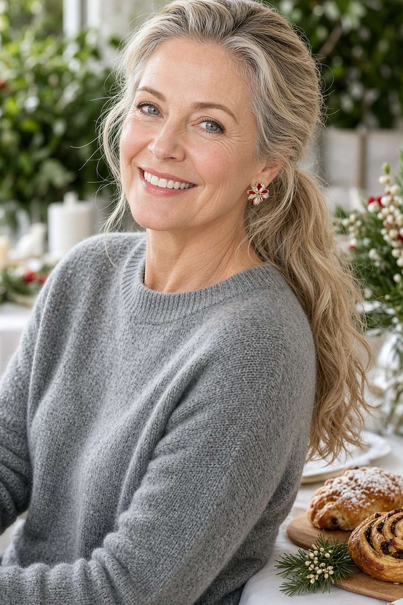 Woman over 50 wearing enamel flower earrings with a gray sweater at brunch