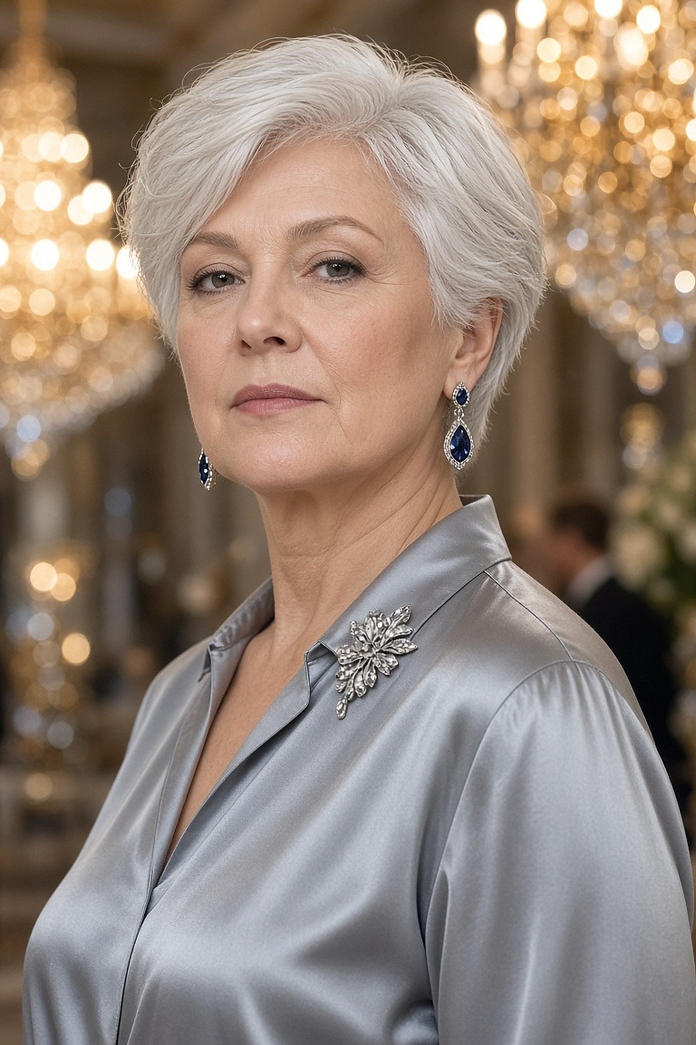 Woman over 50 wearing sapphire blue drop earrings with a silver satin blouse