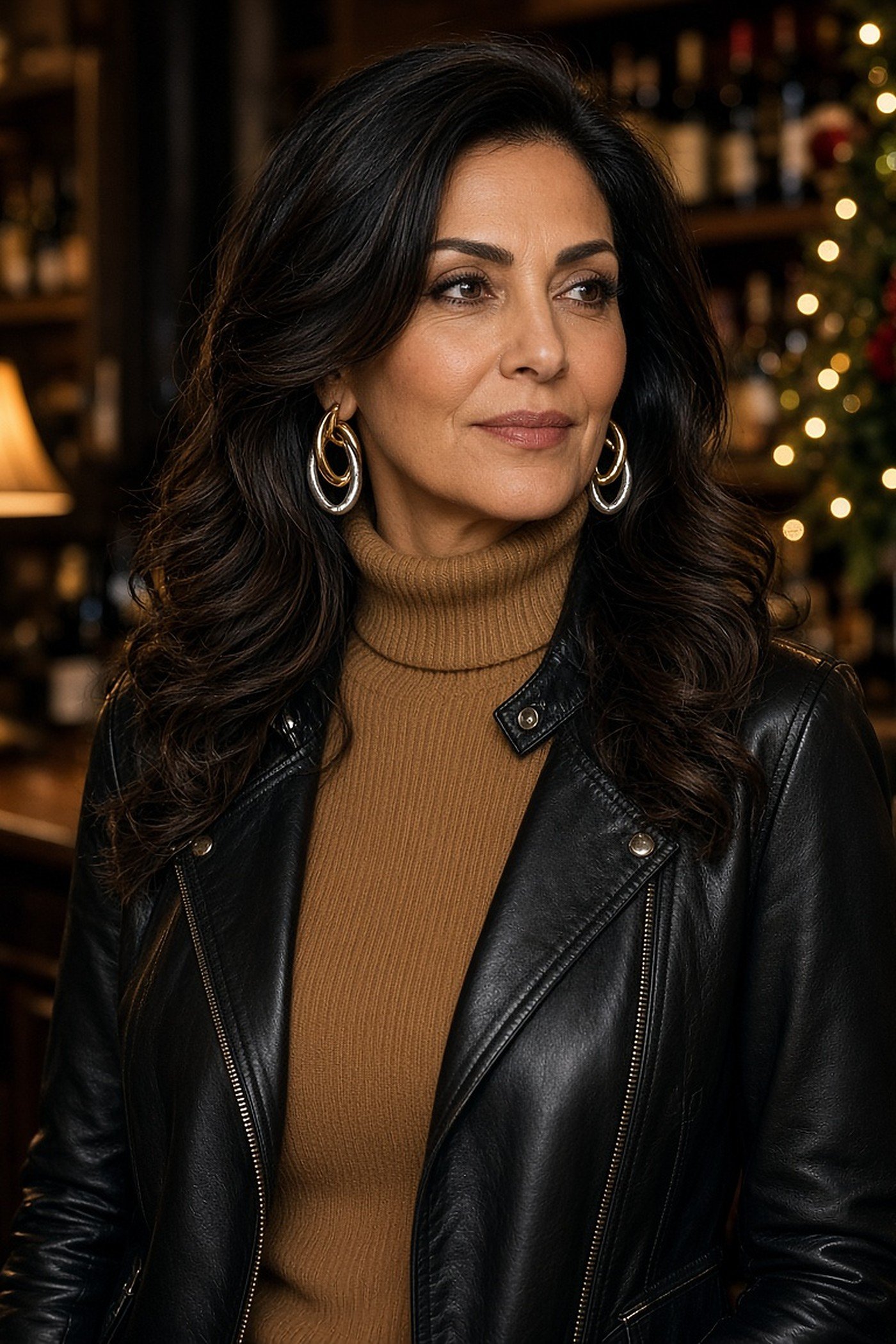Woman over 50 wearing mixed metal gold and silver hoops with a leather jacket