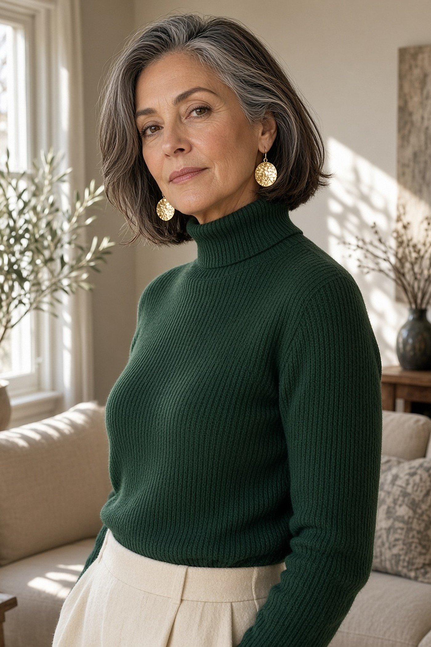Woman over 50 wearing hammered gold disc earrings with a green turtleneck