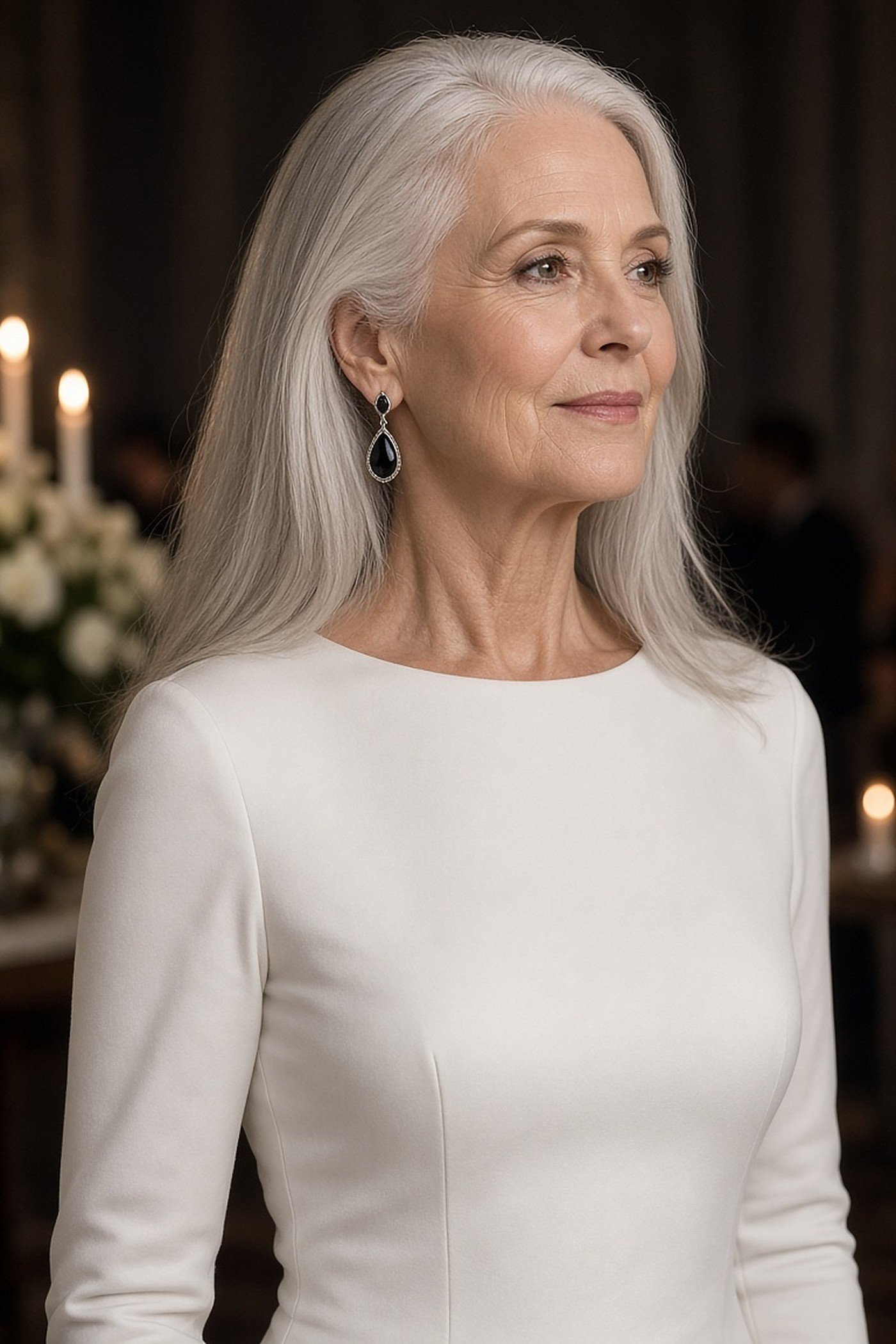 Woman over 50 wearing black onyx drop earrings with a white evening dress
