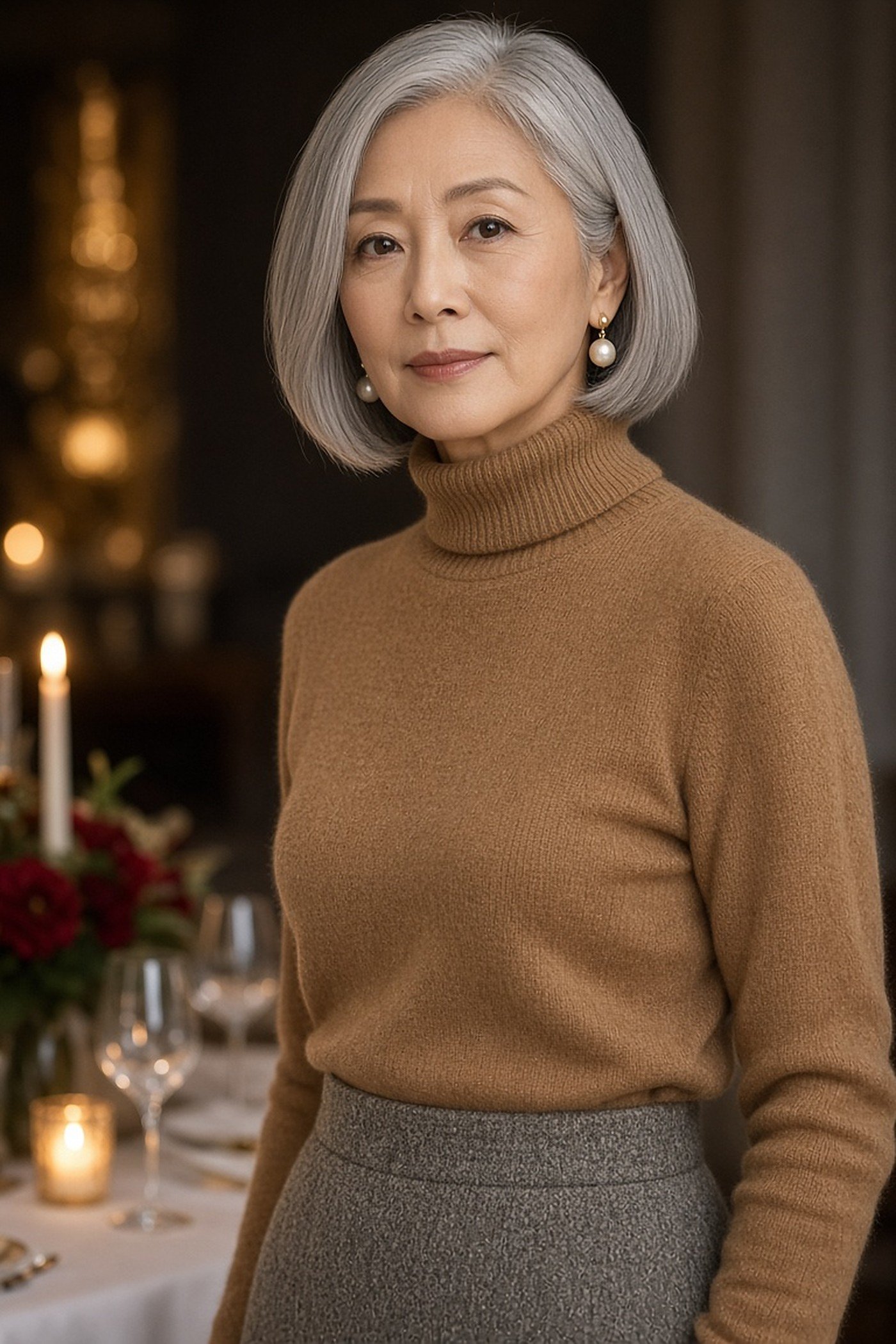 Woman over 50 wearing pearl drop earrings with a camel turtleneck