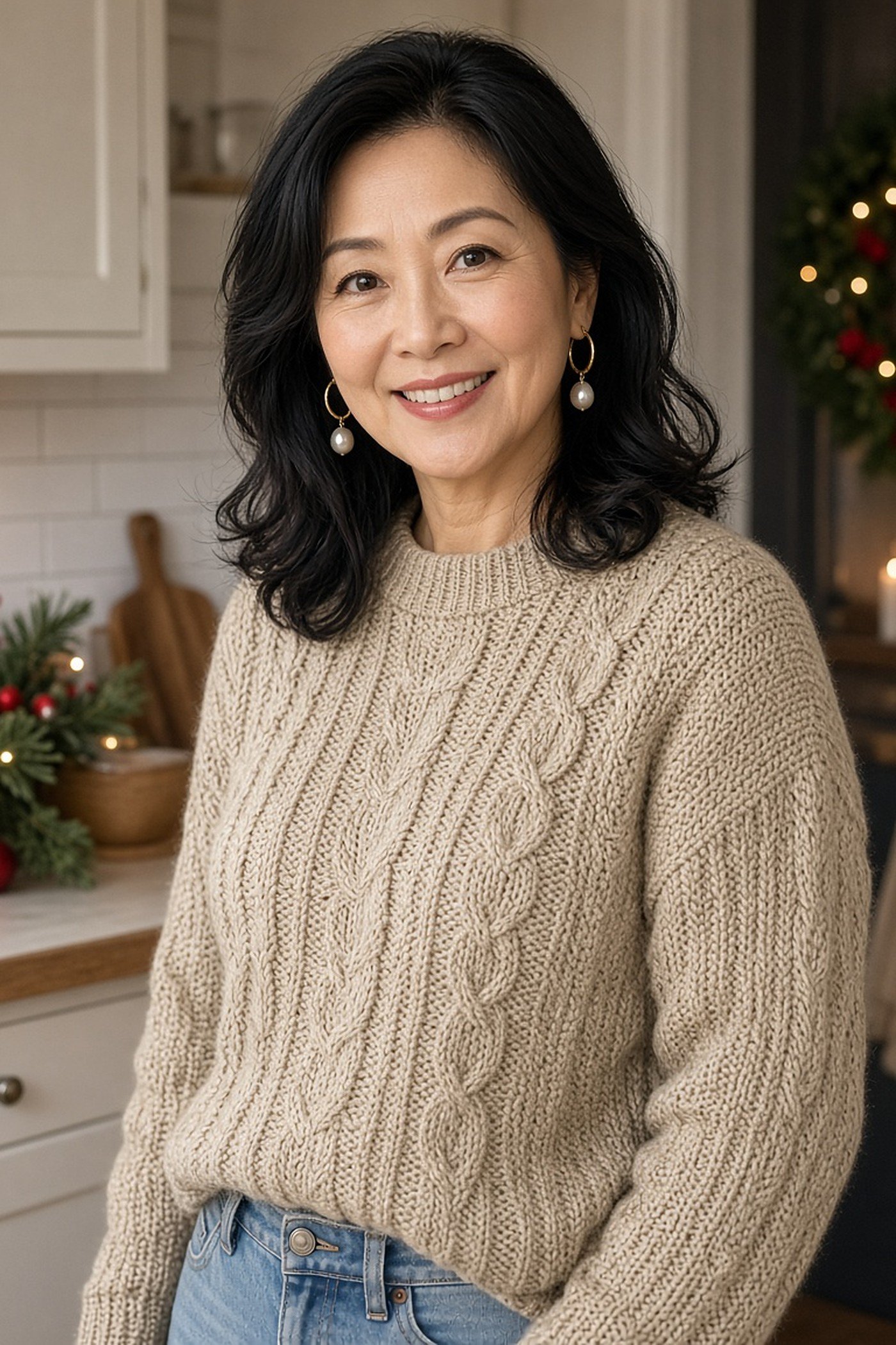 Woman over 50 wearing pearl and gold hoop earrings with a cable knit sweater