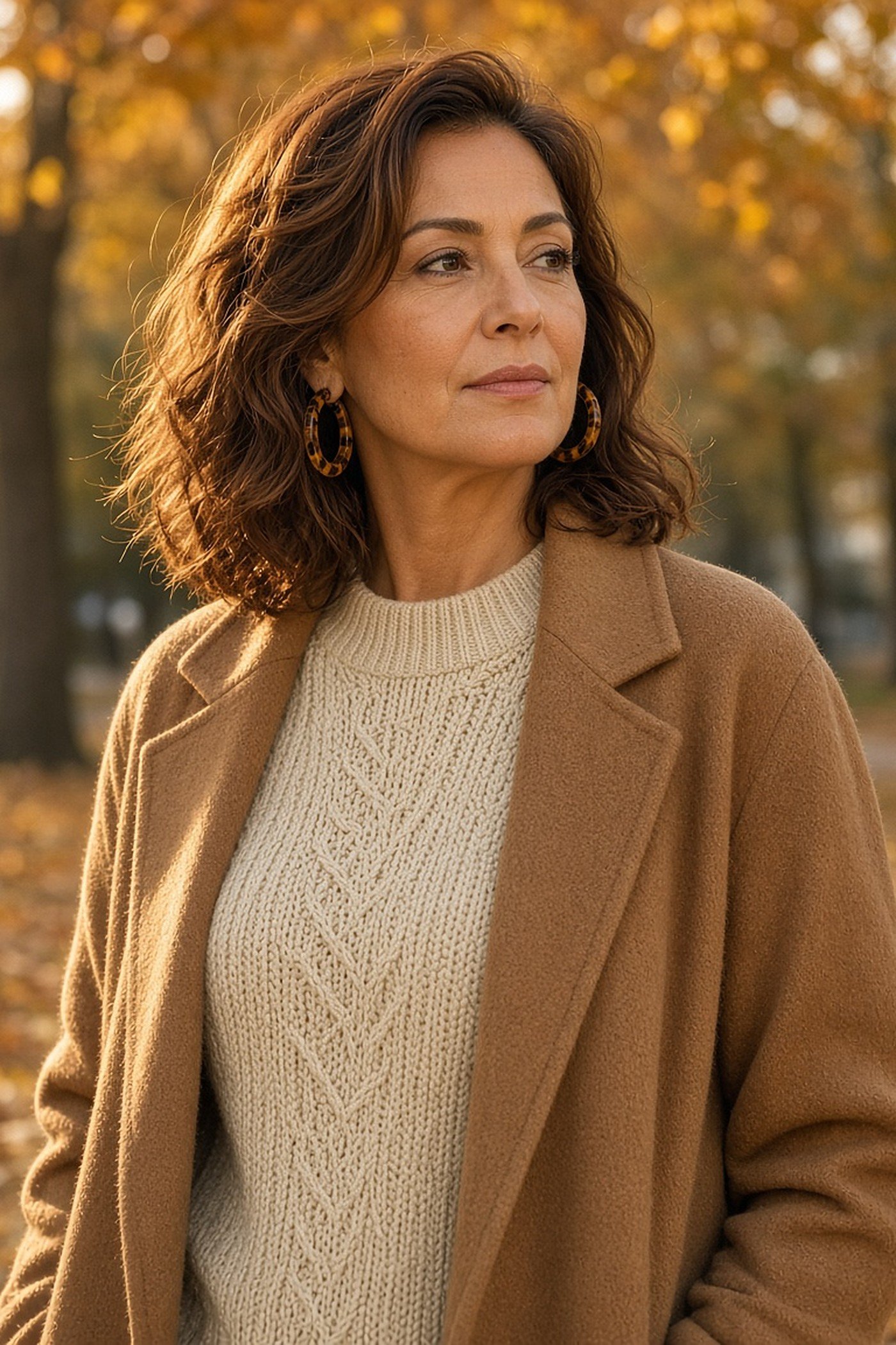 Woman over 50 wearing tortoiseshell hoop earrings with a camel coat
