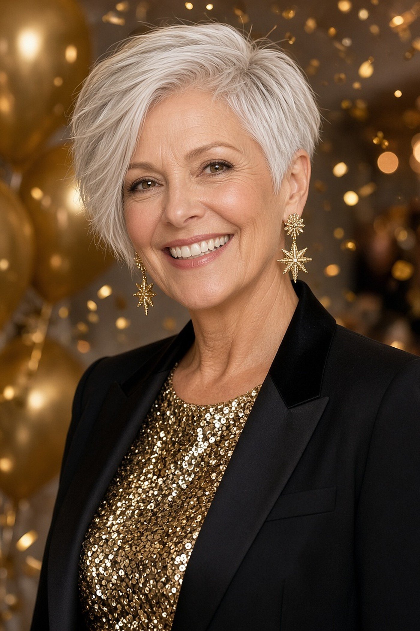 Woman over 50 wearing gold starburst earrings with a sequin top on New Year's Eve