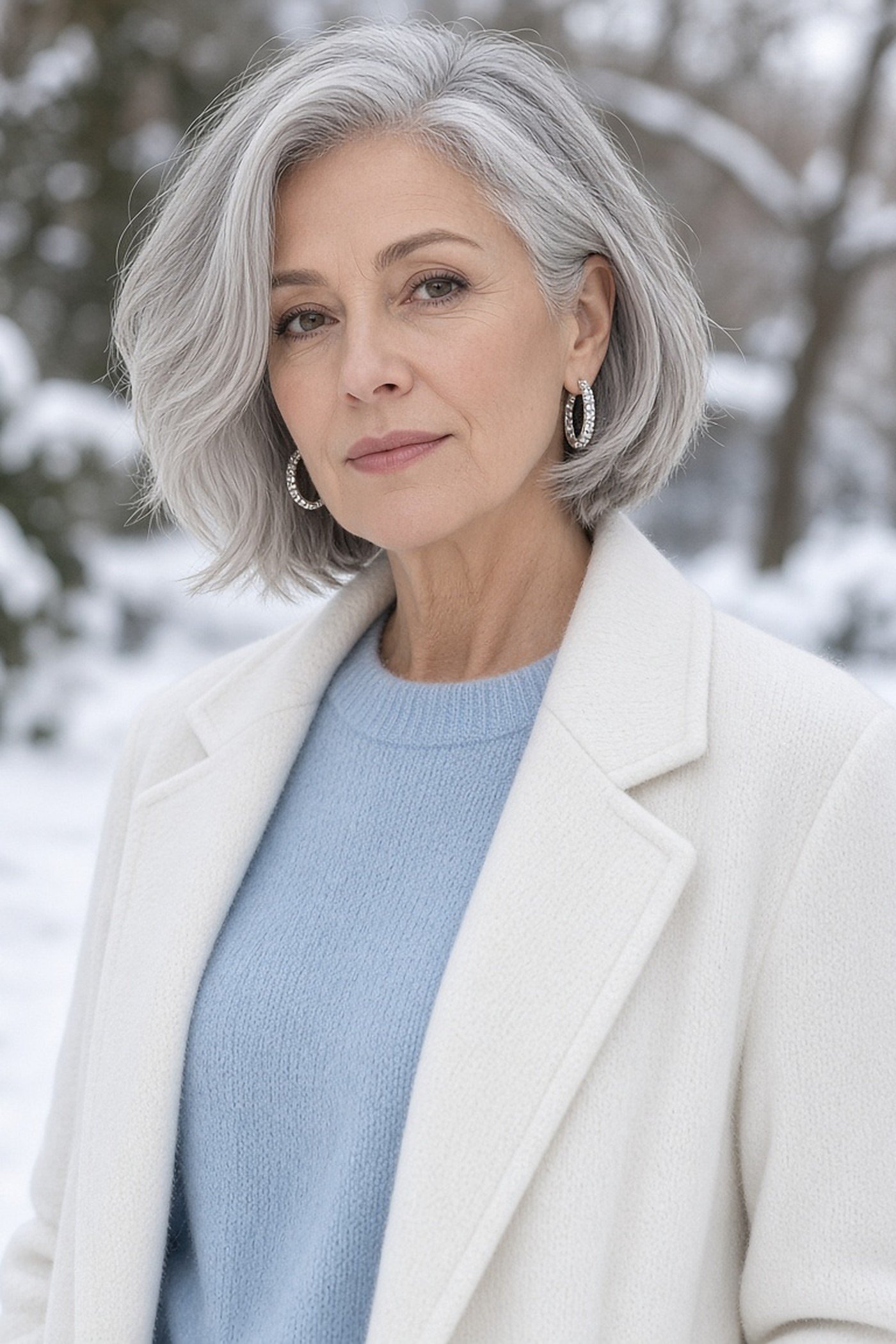Woman over 50 wearing silver crystal hoops with a white coat in the snow