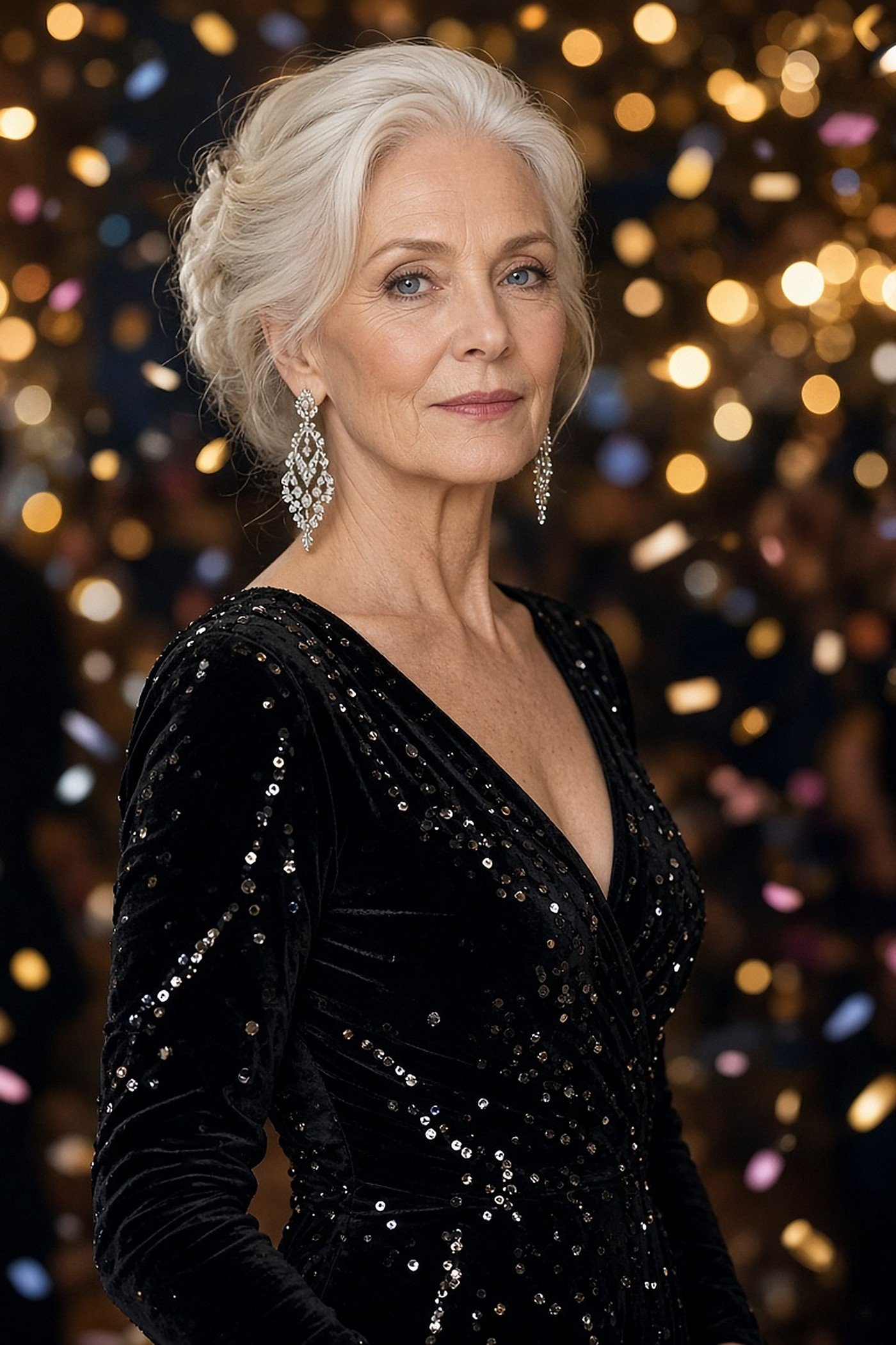 Woman over 50 wearing crystal chandelier earrings with a black sequin velvet gown
