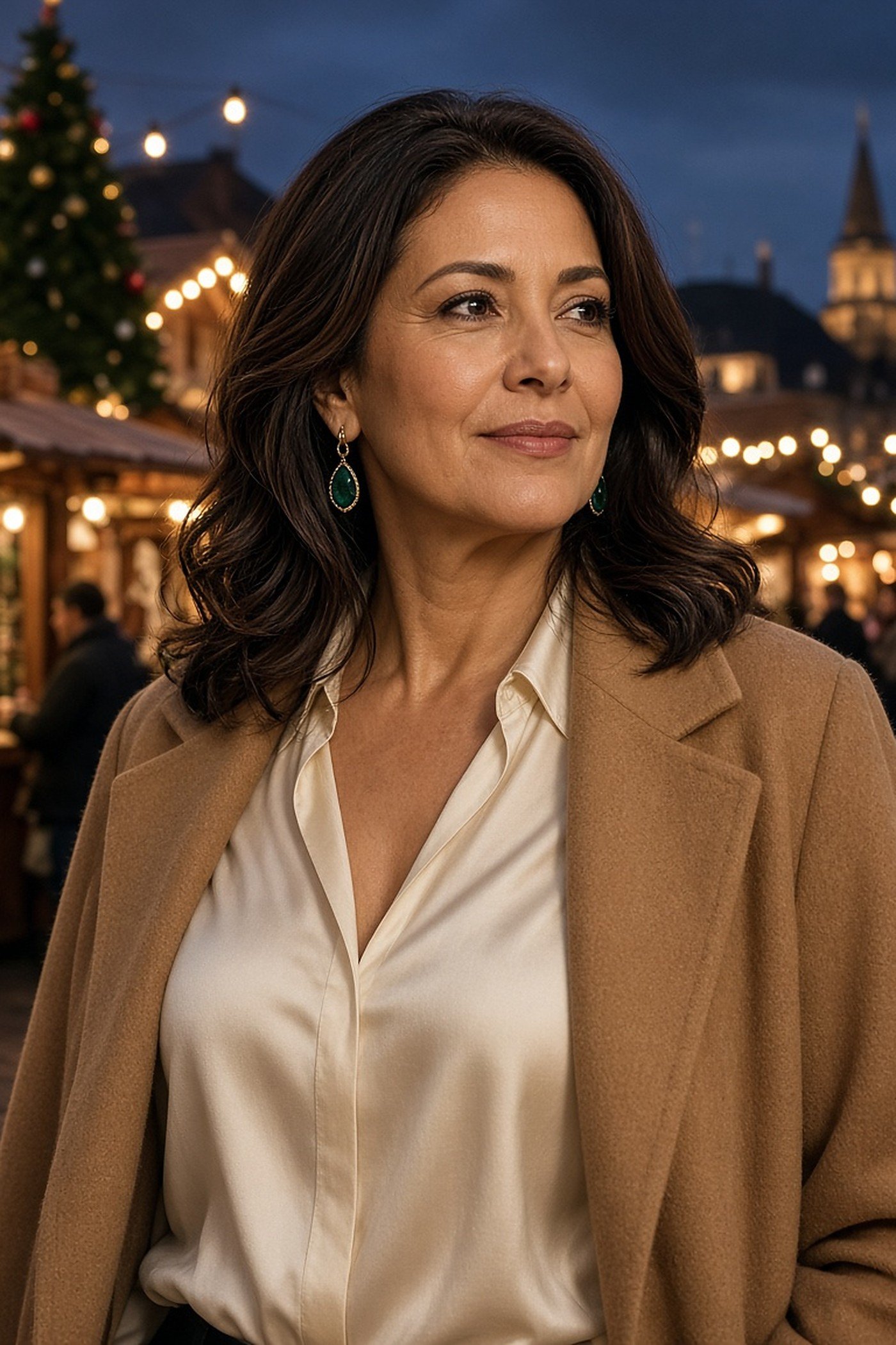 Woman over 50 wearing emerald green teardrop earrings at a holiday market