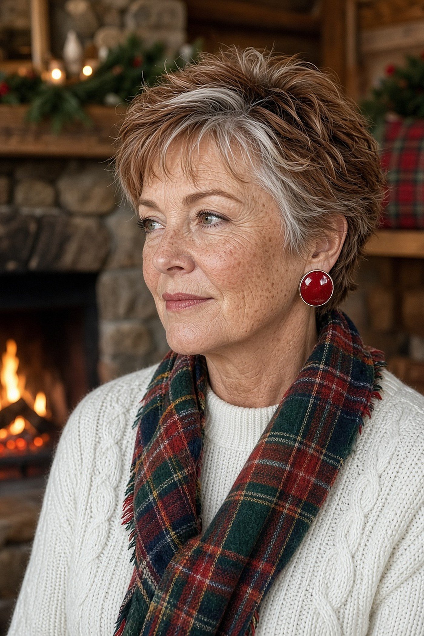 Woman over 50 wearing red enamel statement studs with a cable knit sweater