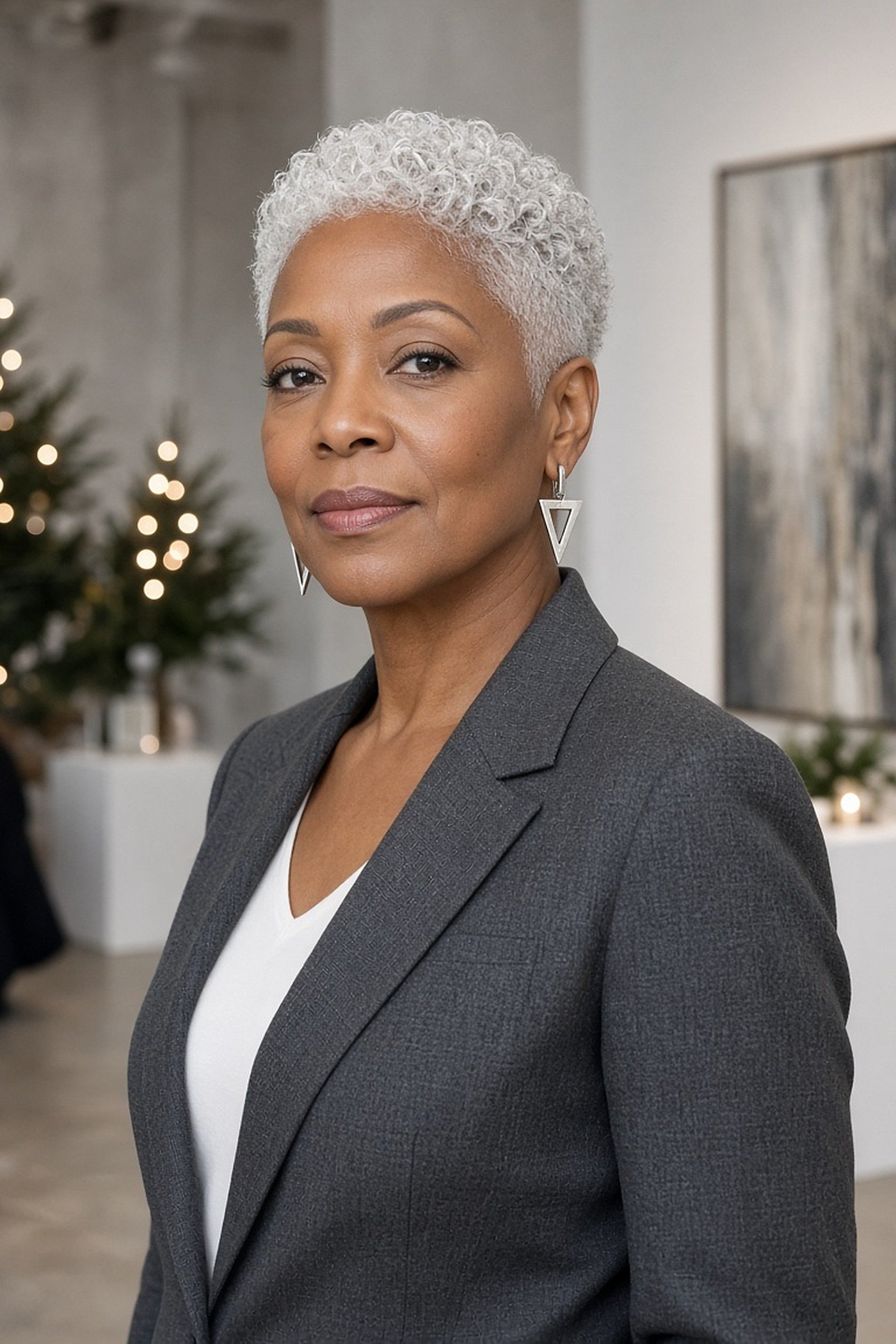 Woman over 50 wearing silver geometric triangle earrings with a gray blazer