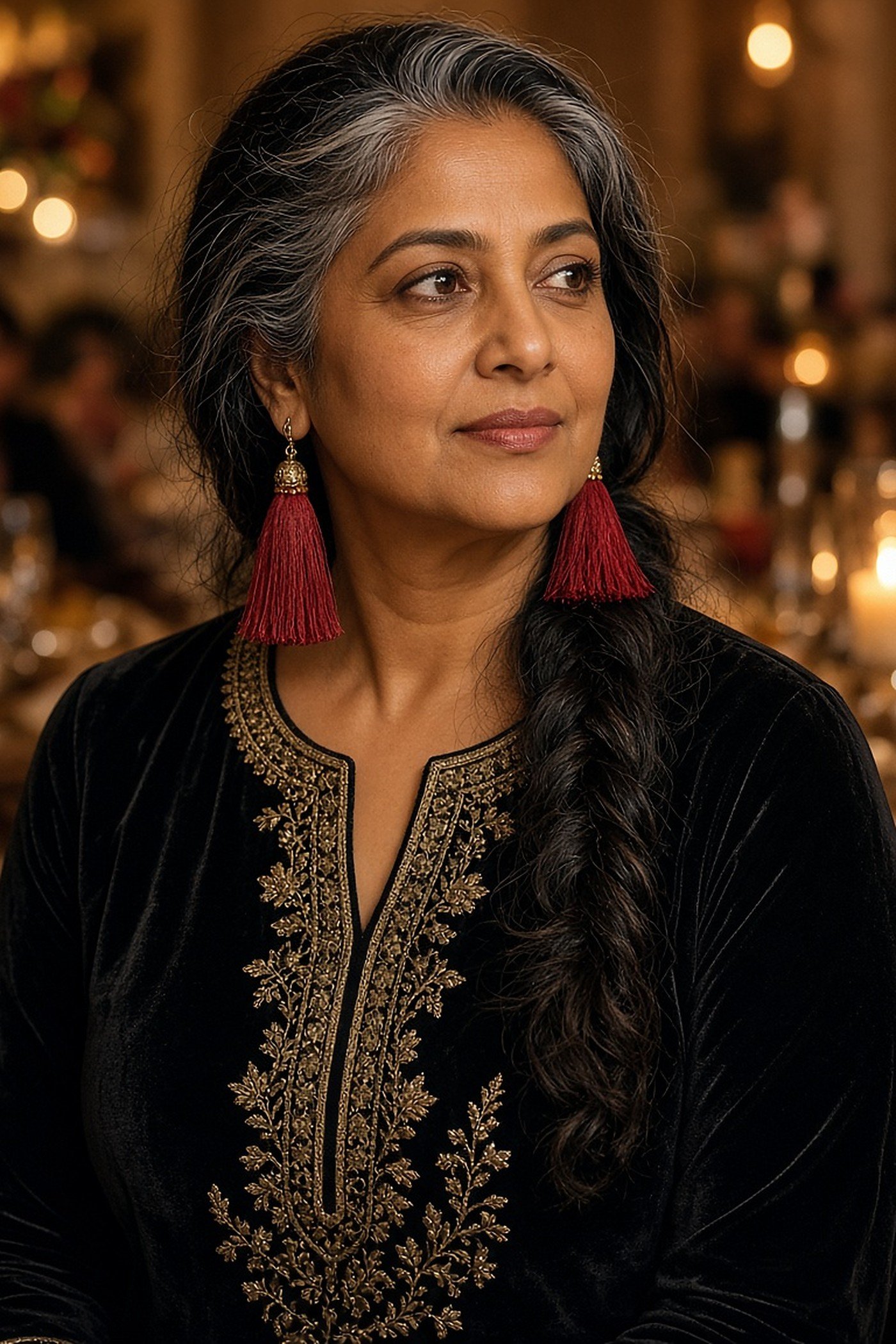 Woman over 50 wearing red silk tassel earrings with a black velvet tunic