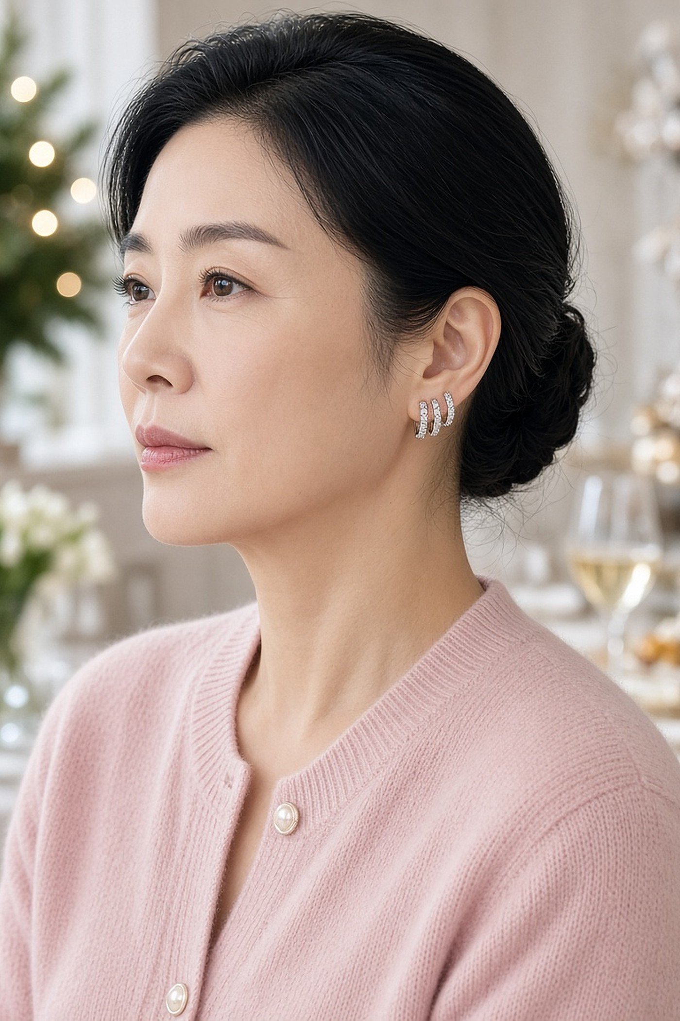 Woman over 50 wearing stacked pave huggie earrings with a pink cardigan