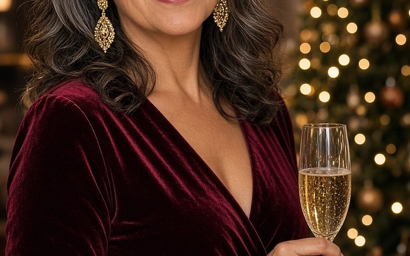 Woman over 50 in burgundy velvet wrap dress with gold statement drop earrings at a holiday party