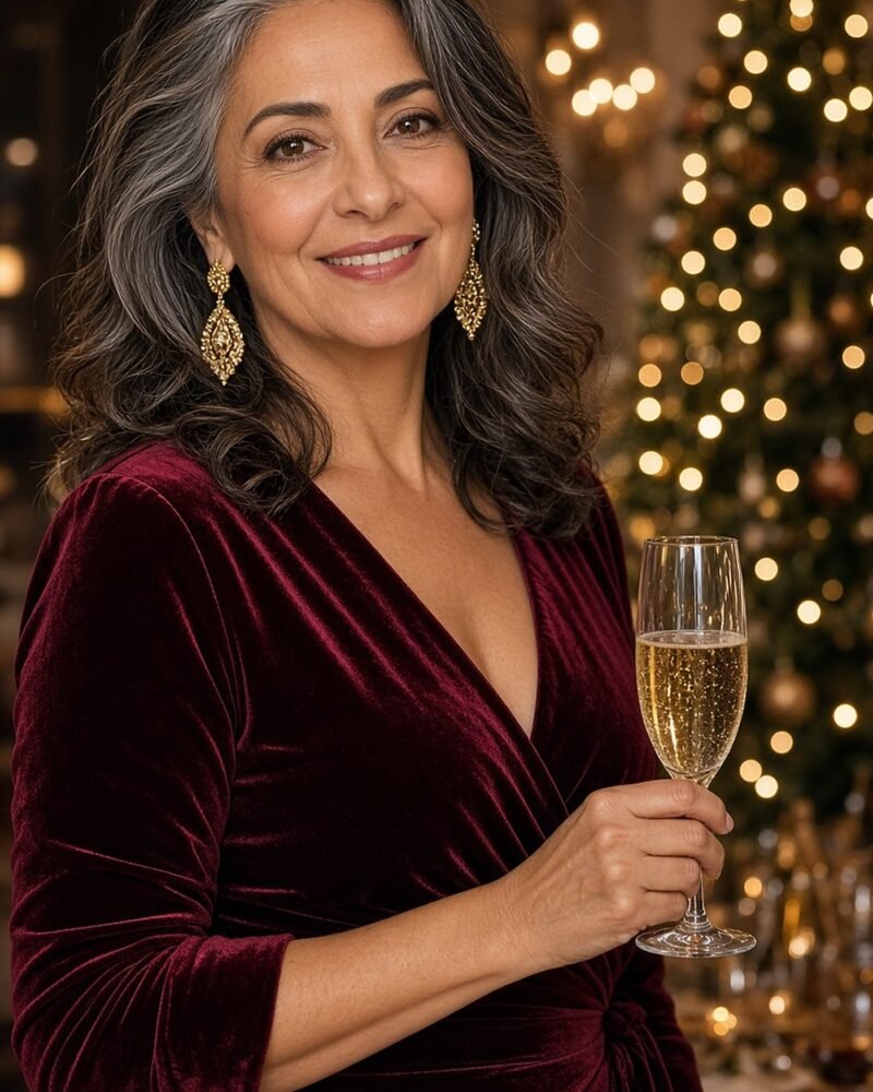 Woman over 50 in burgundy velvet wrap dress with gold statement drop earrings at a holiday party