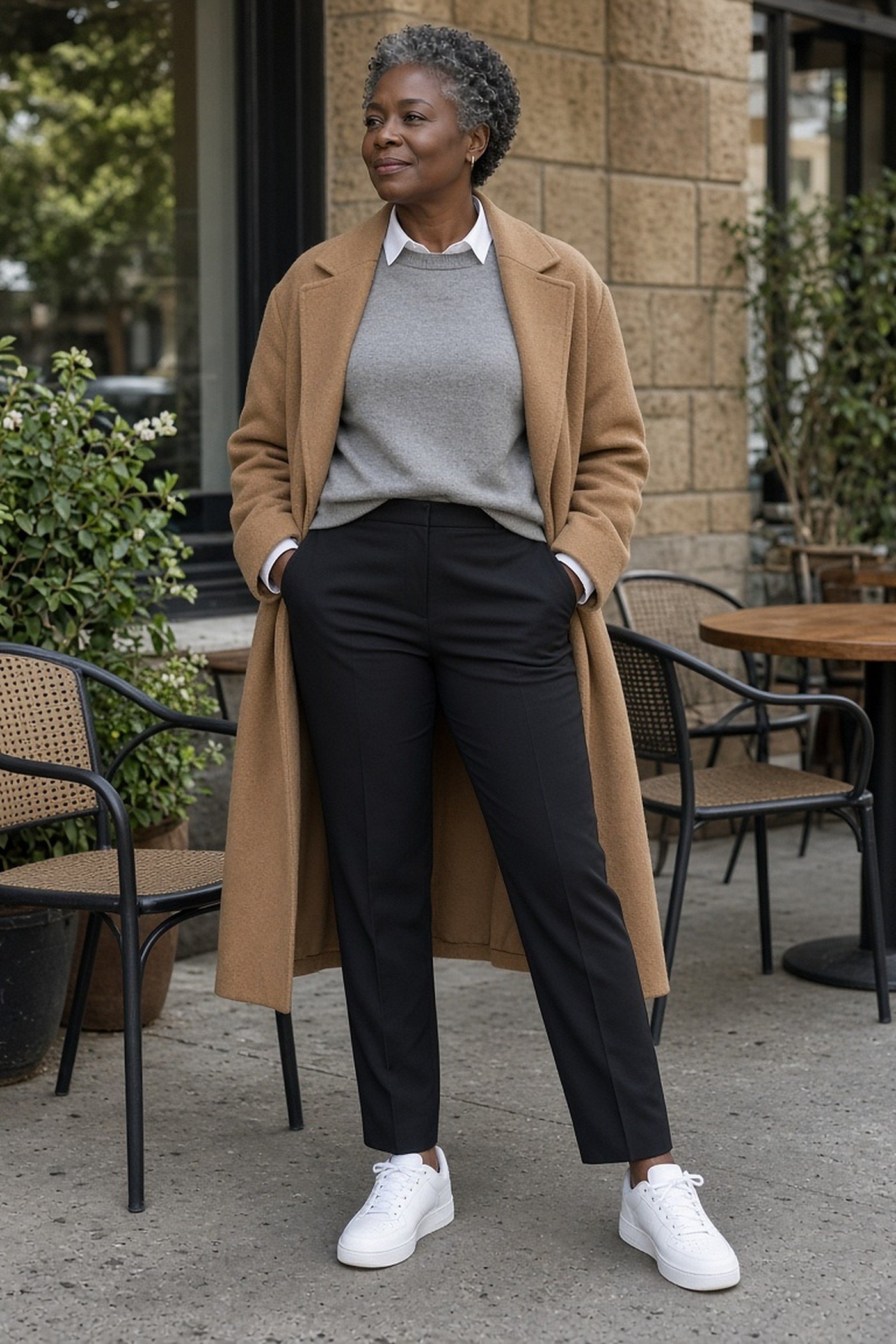 Black woman over 50 in a gray sweatshirt with shirt collar, black trousers, camel coat and white sneakers