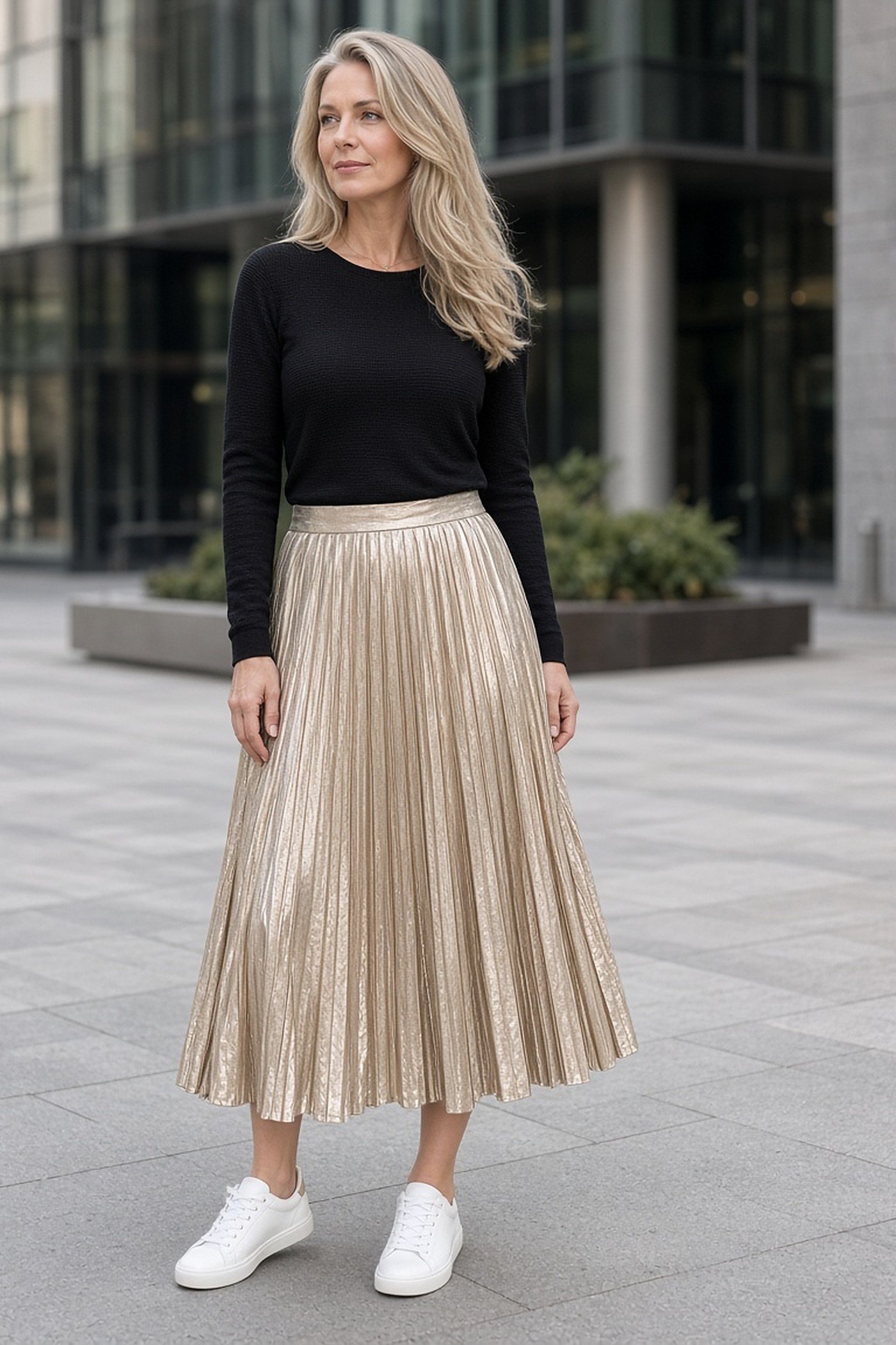 Woman over 50 in a metallic pleated midi skirt, black knit and white sneakers