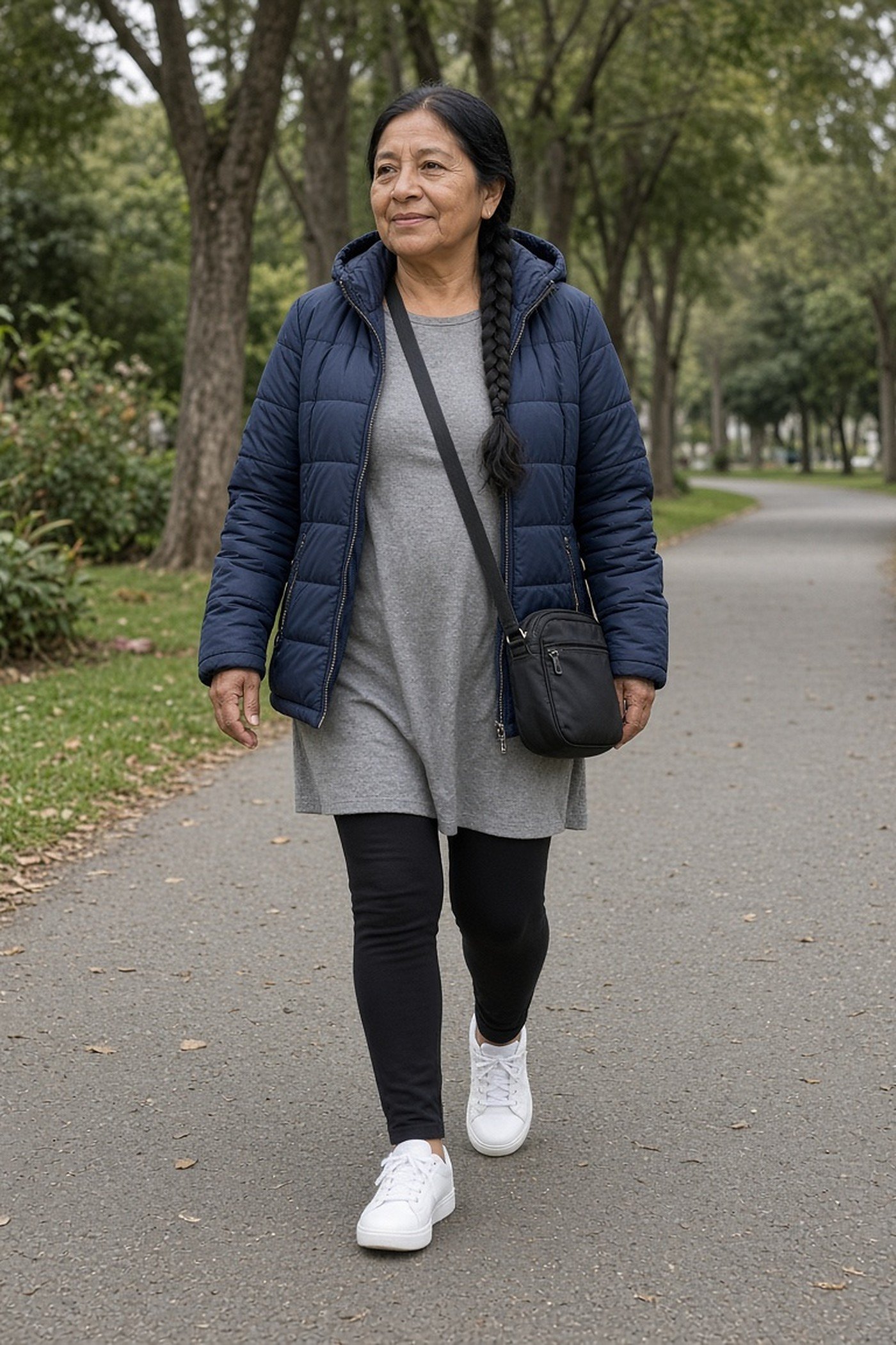 Woman over 50 in a belted chambray shirt dress and white sneakers on porch steps