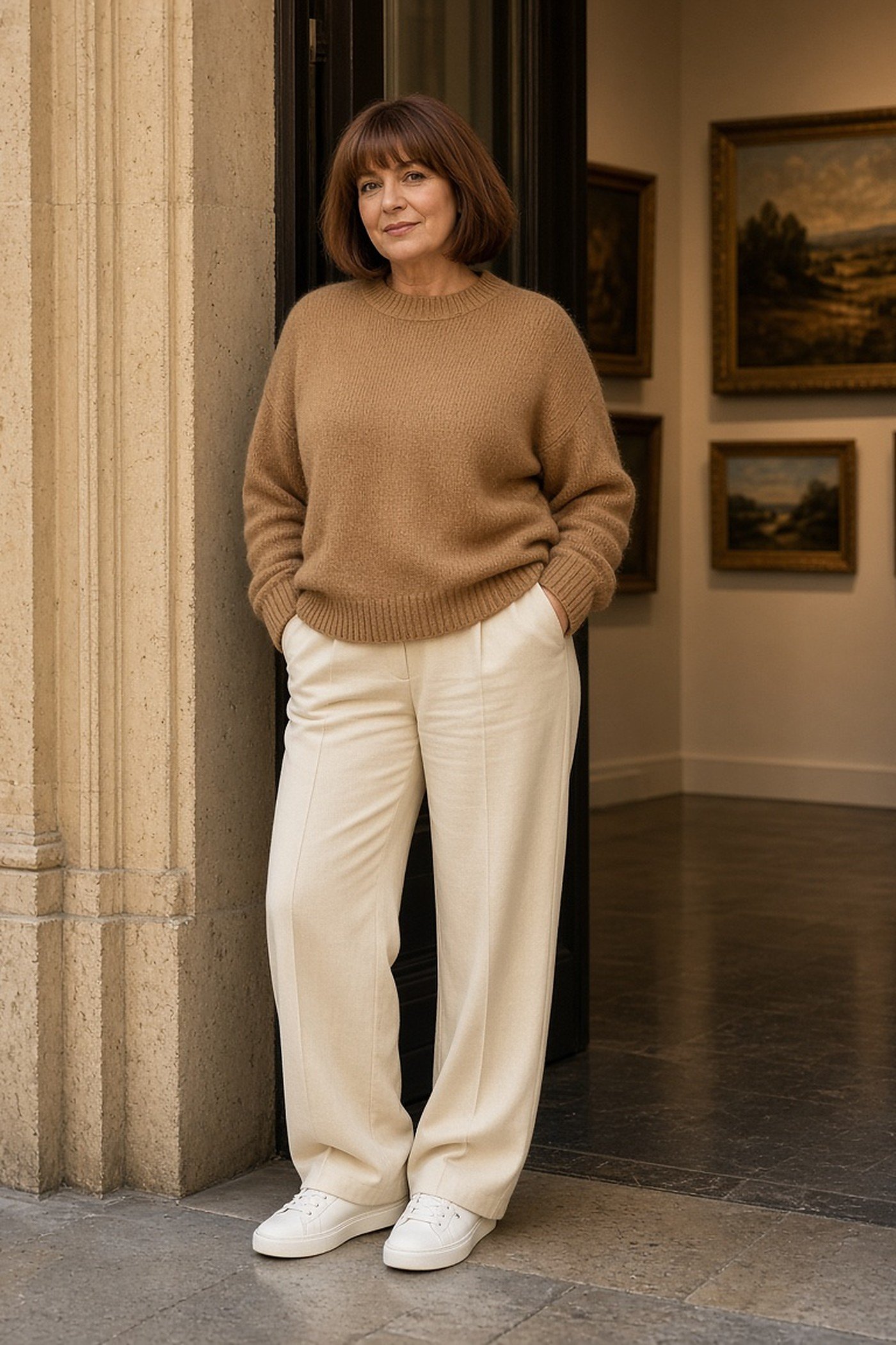 Woman over 50 in a camel knit, cream trousers and white sneakers at a gallery