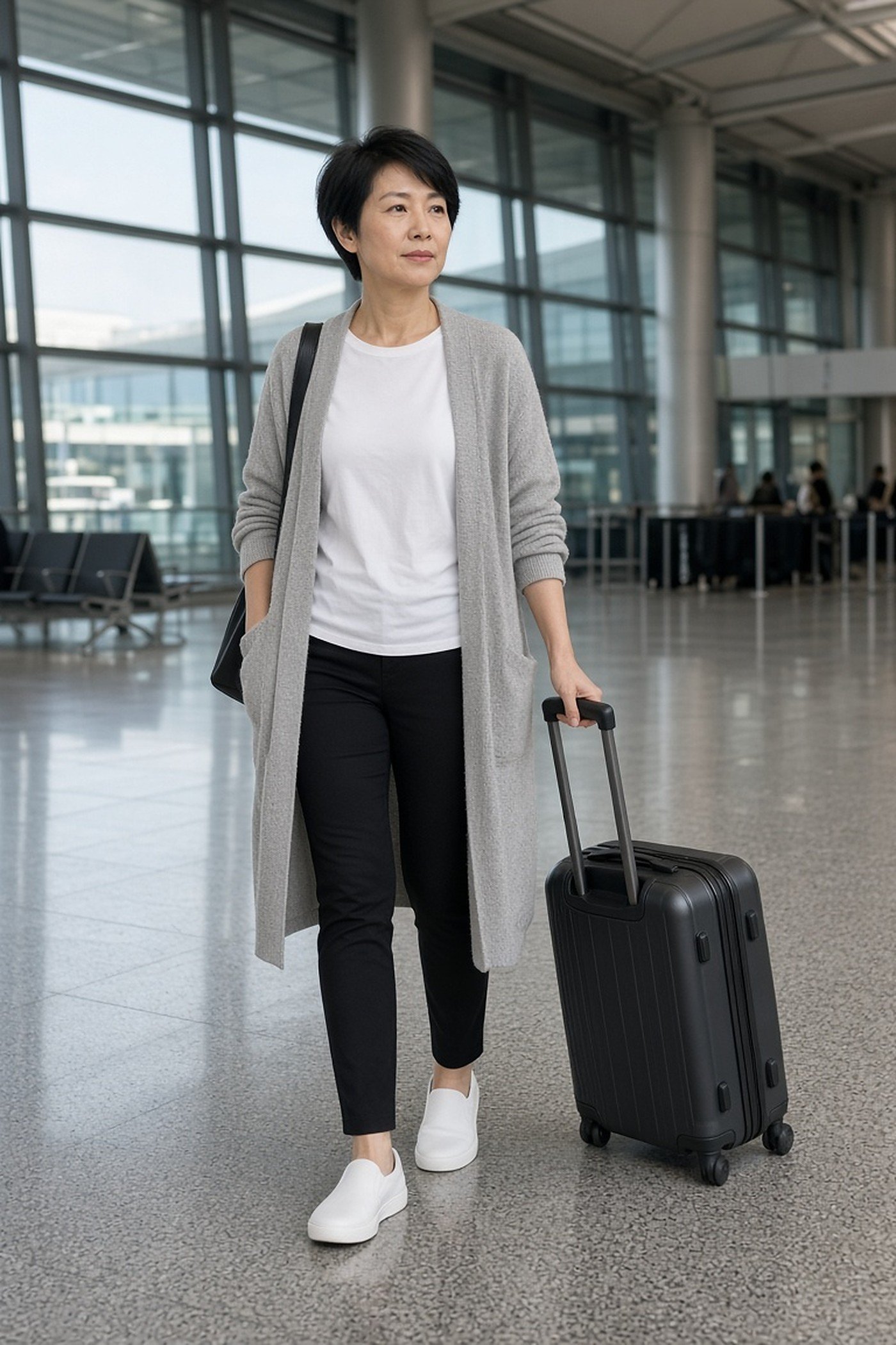 Woman over 50 in a long gray cardigan, black trousers and white slip-on sneakers at an airport