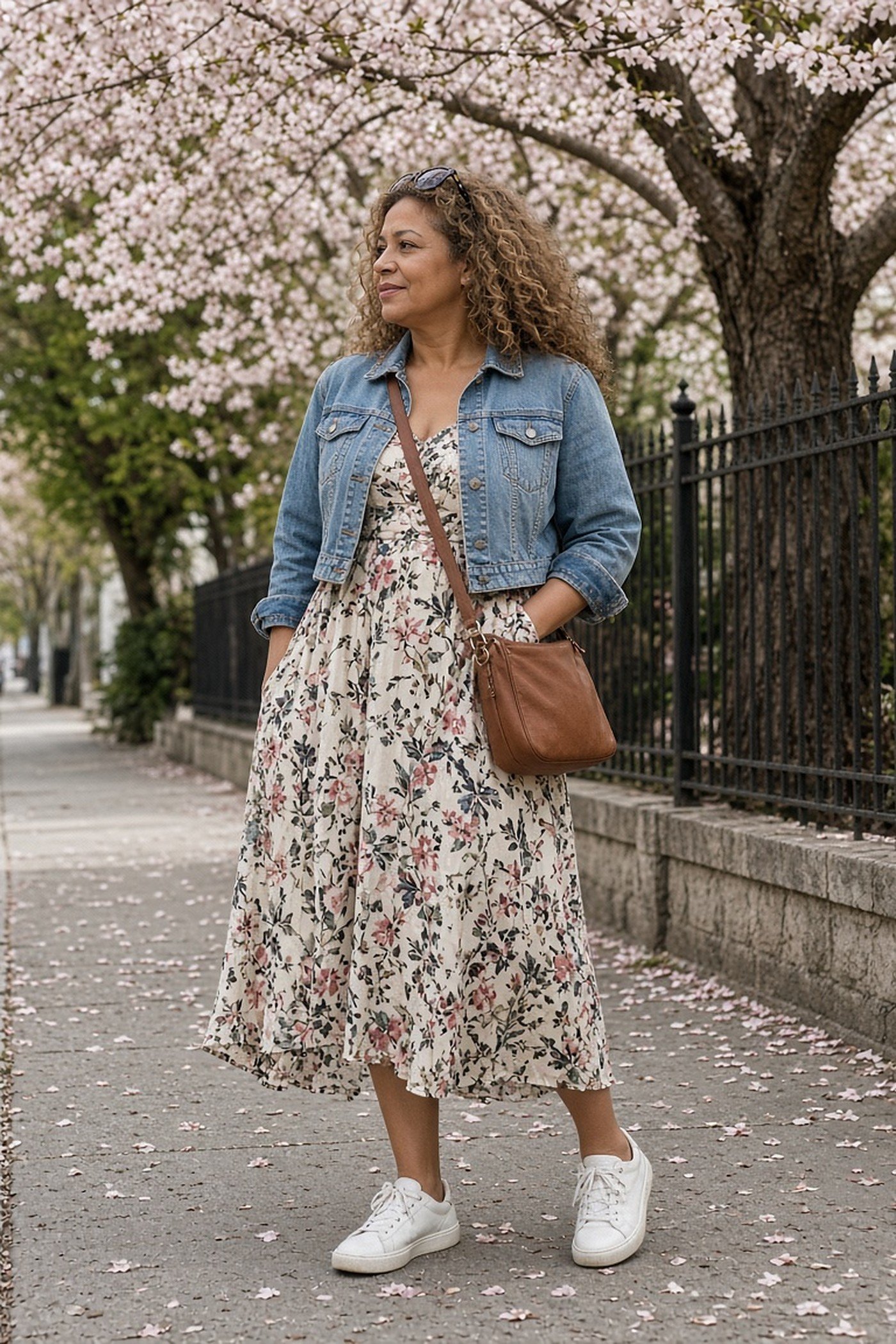 Woman over 50 in a denim jacket, floral midi skirt and white sneakers under spring blossoms