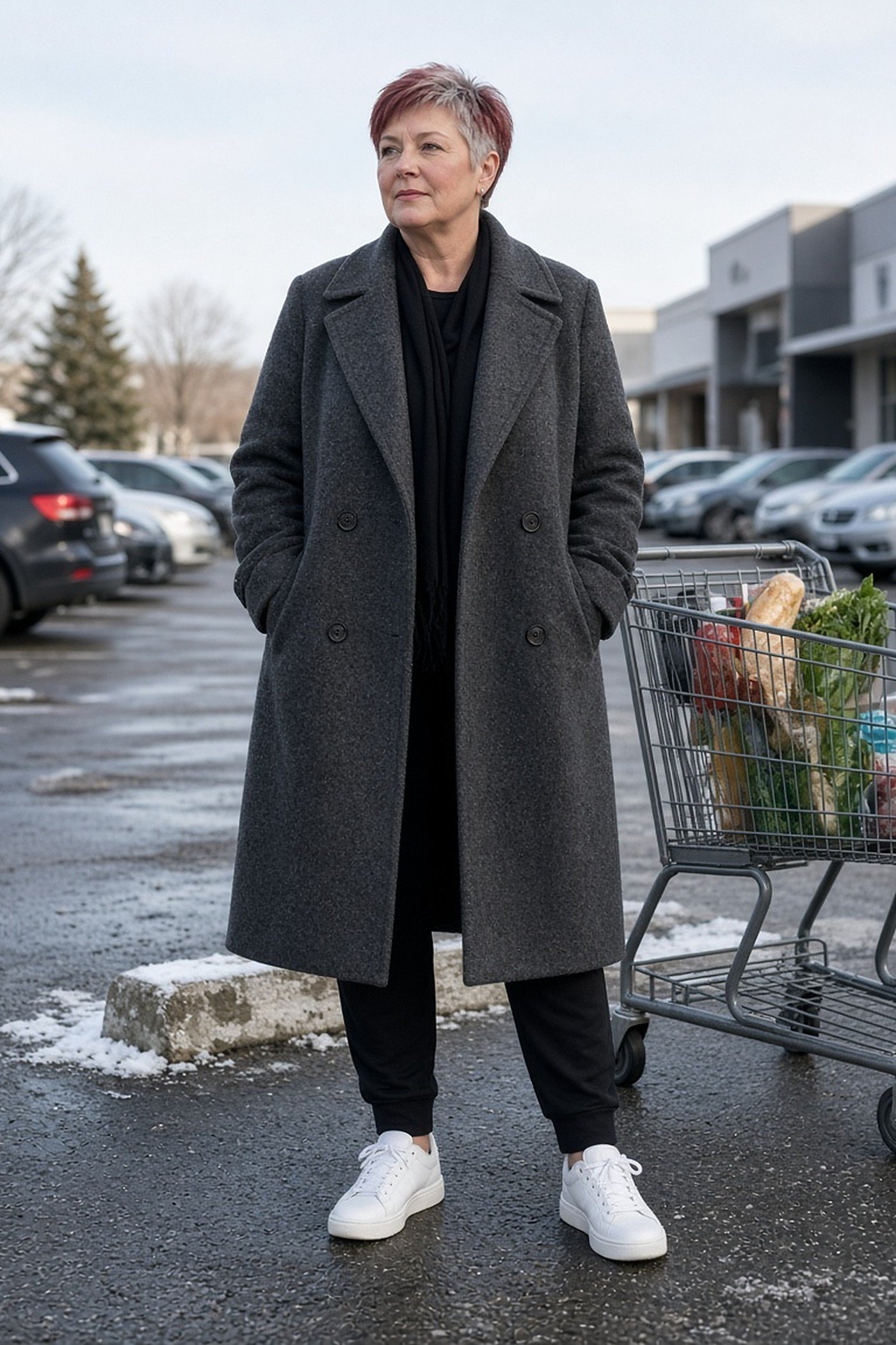 Woman over 50 in a long charcoal coat, black joggers and white sneakers on a winter errand