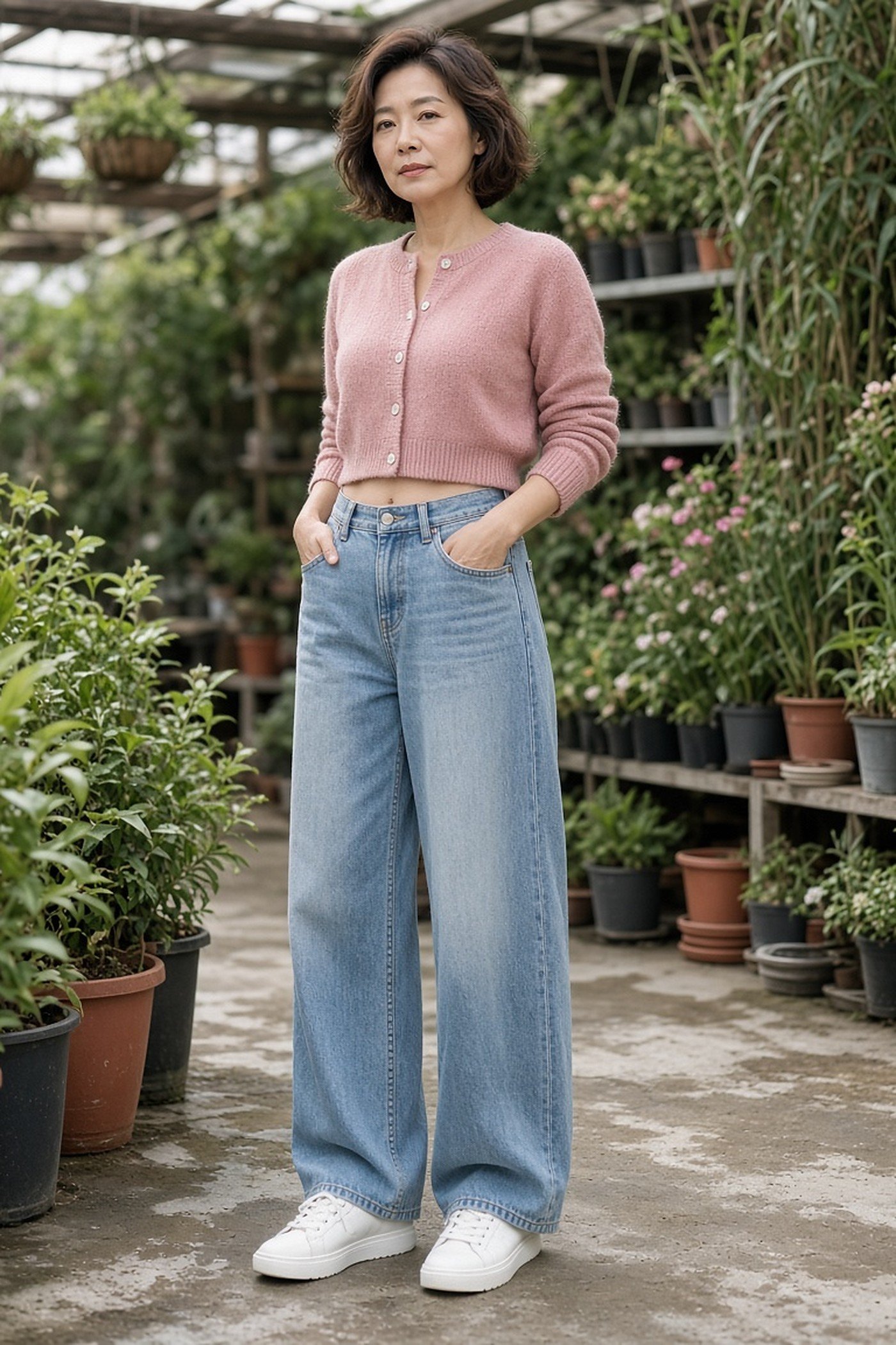 Woman over 50 in wide-leg jeans, a cropped pink cardigan and white sneakers