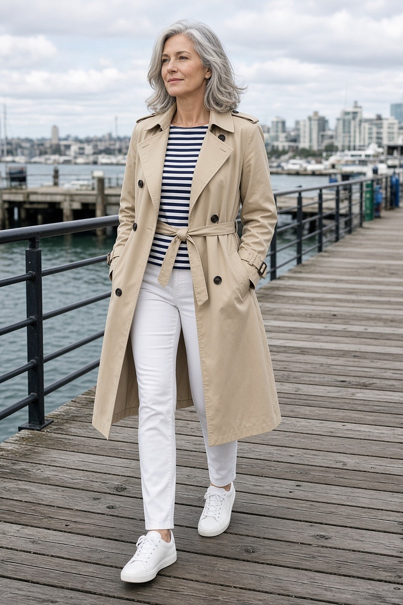 Woman over 50 in a belted trench coat, striped top, white jeans and sneakers