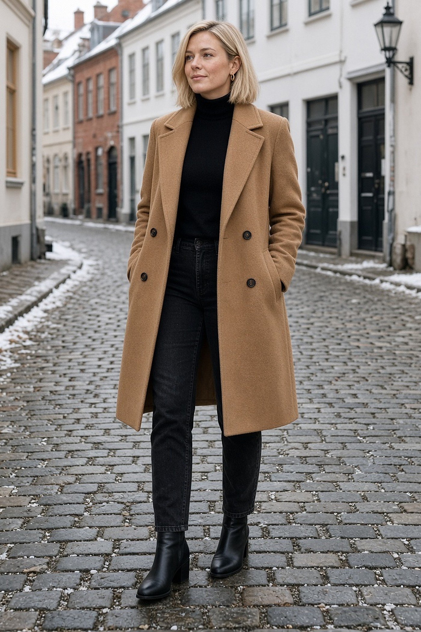 Woman in her 30s in camel coat, black turtleneck and black jeans
