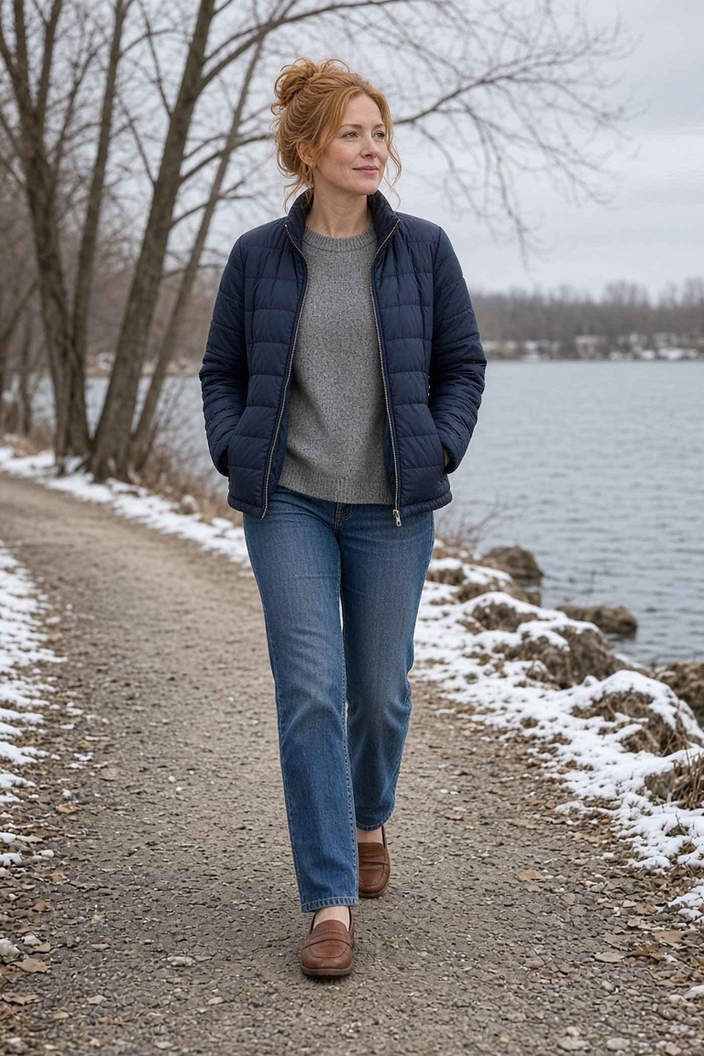 Woman in her 30s in navy quilted jacket, gray knit and straight jeans