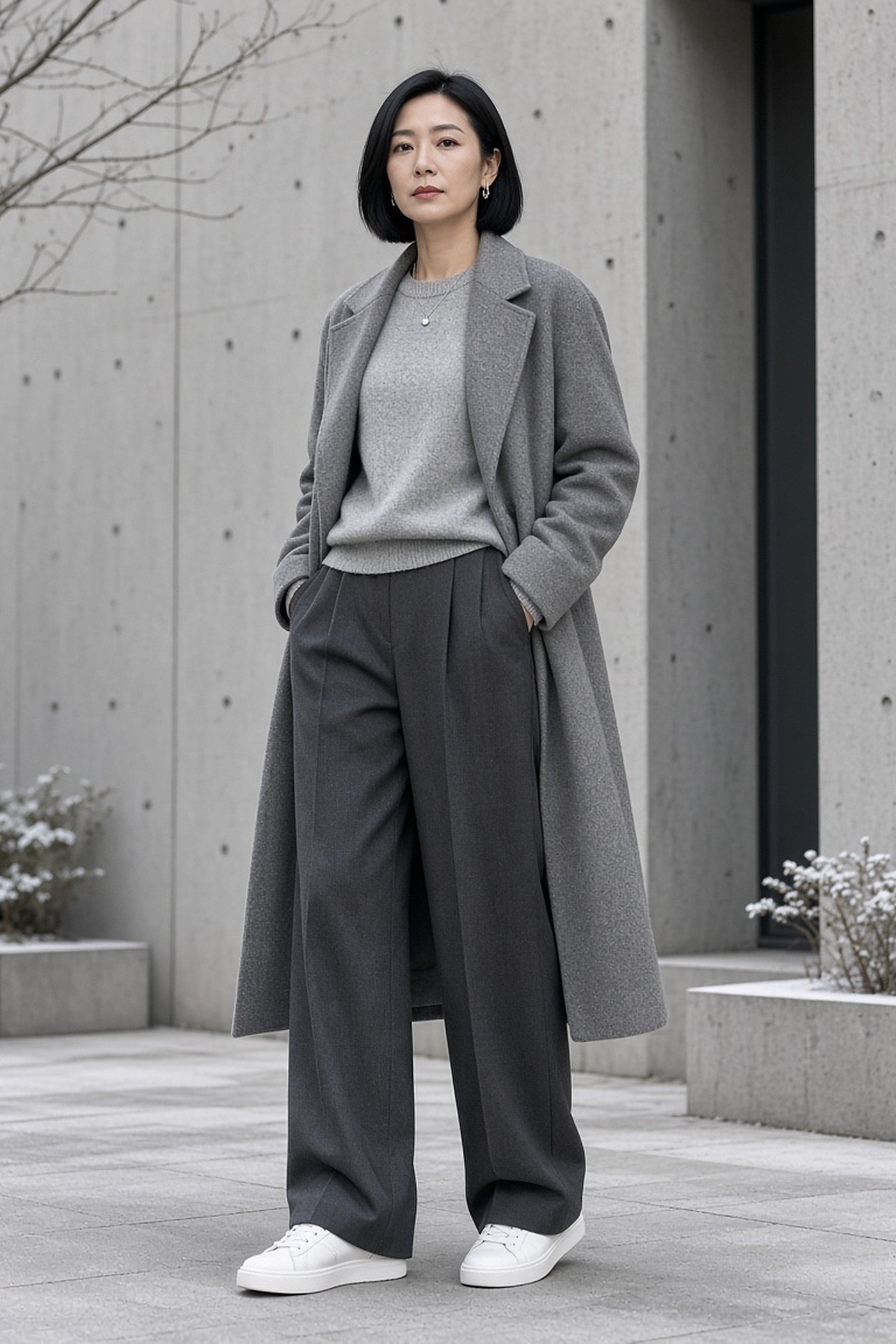 Woman in her 30s in head-to-toe gray coat, knit and wide trousers