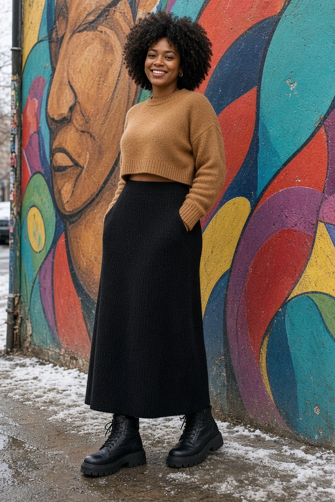 Woman in her 30s in black knit maxi skirt, cropped camel sweater and chunky boots