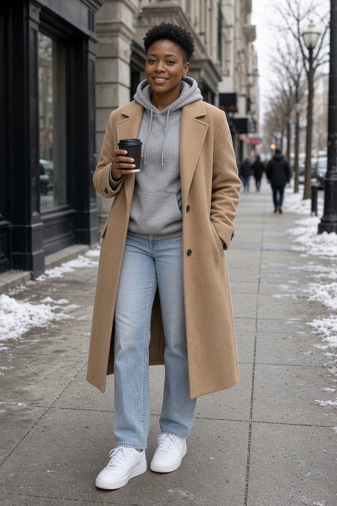 Woman in her 30s in gray hoodie under a camel wool coat with jeans and sneakers